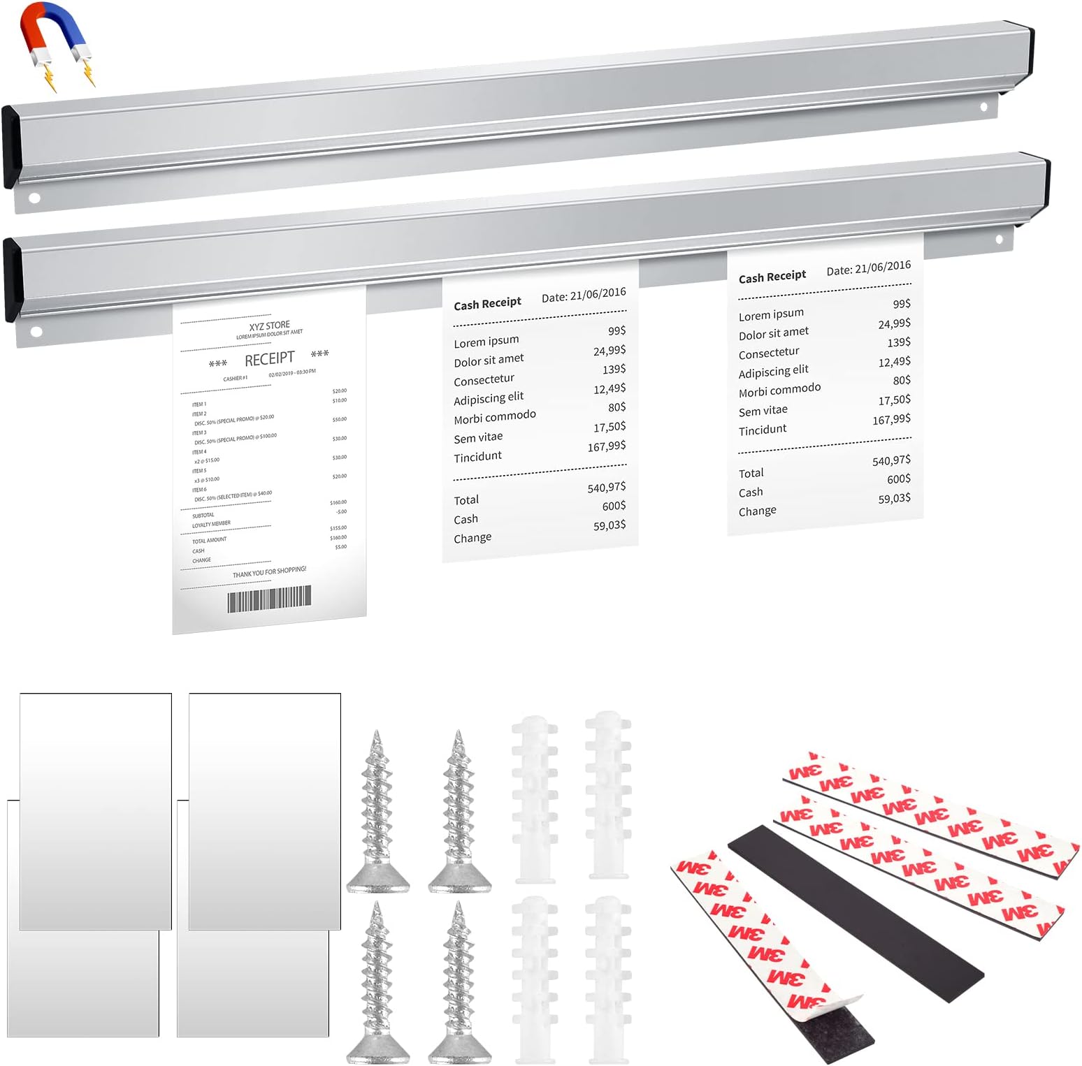 2 Pcs Ticket Rack Magnetic Note and Paper Holder Aluminum Slide Check Rack Ticket Holder for Restaurant with Strips Bill Orders Display Rail for Kitchen Restaurant Office Cafes Bar Pubs Note Organizer