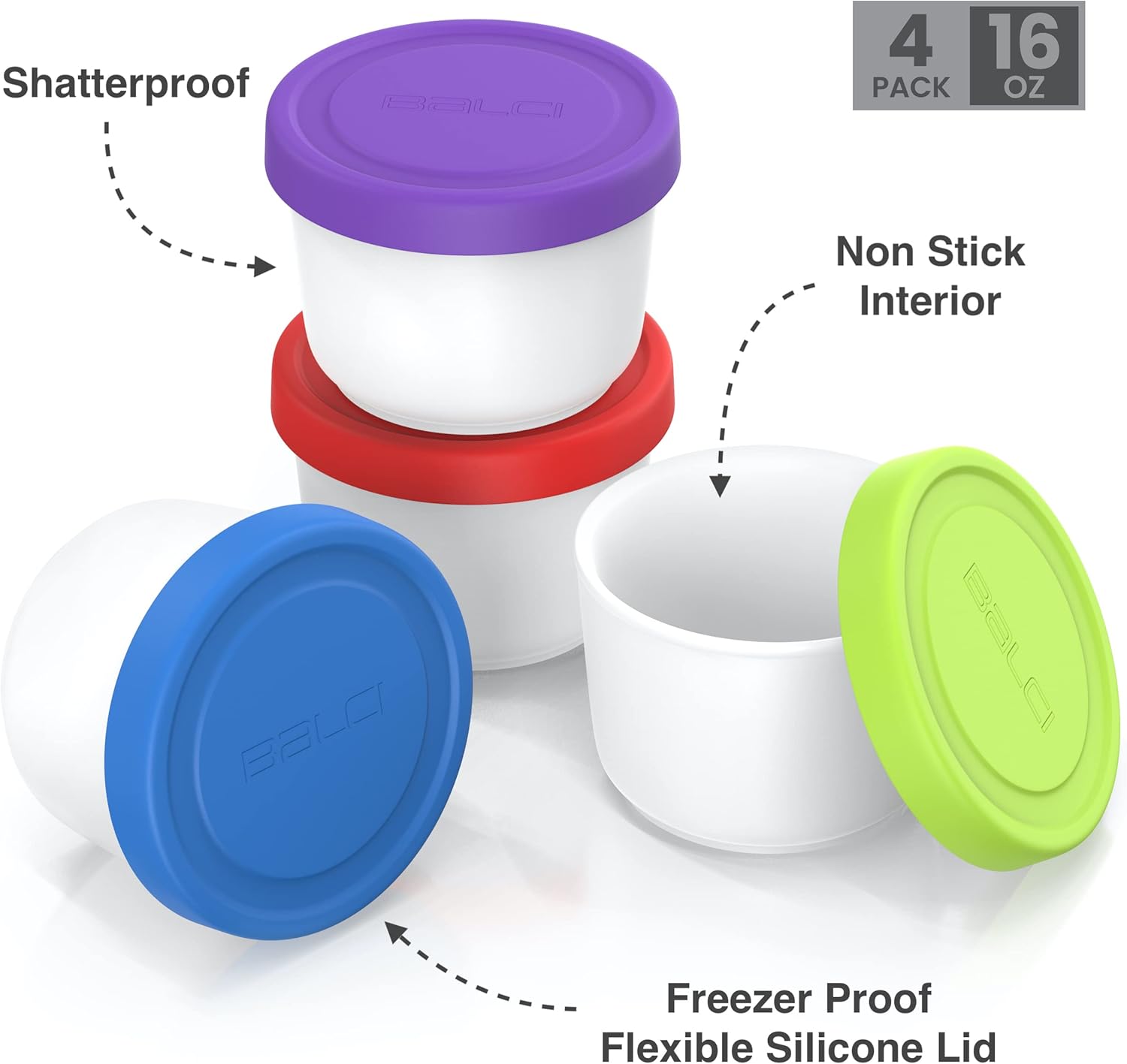 BALCI - 16oz Ice Cream Containers with Silicone Lids (Set of 4) - 1 Pint Each Freezer Food Storage Containers, Reusable, LeakProof, For Homemade IceCream Containers - Blue, Red, Green, Purple - Image 4