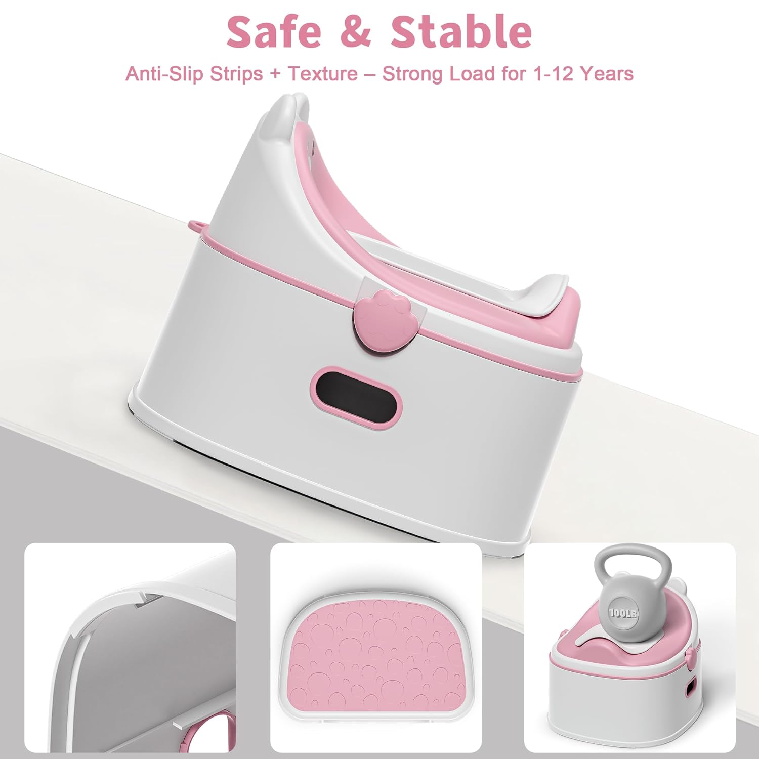 3-in-1 Potty Training Toilet, Portable Potty, Potty Training Seat and Toddler Step Stool, Easy Setup and Clean, Anti-Slip Toddler Potty Trainer for Boy Girl,Pink