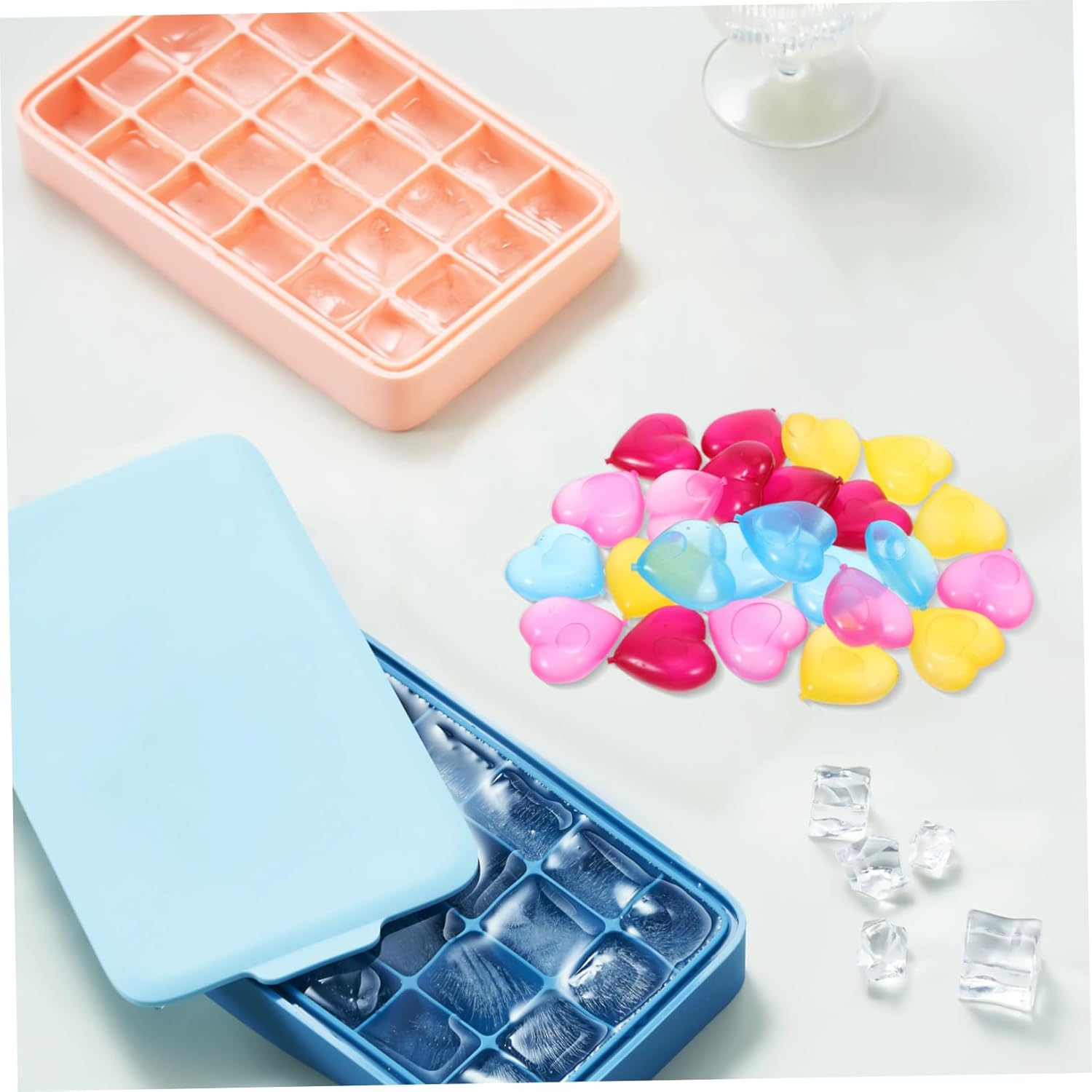 96pcs Reusable Ice Cubes for Cold Drinks Clear Plastic Ice Cubes for Coolers Lunch Bags and Home Use Fast Freezing Fun Shapes Each Heart Fruit