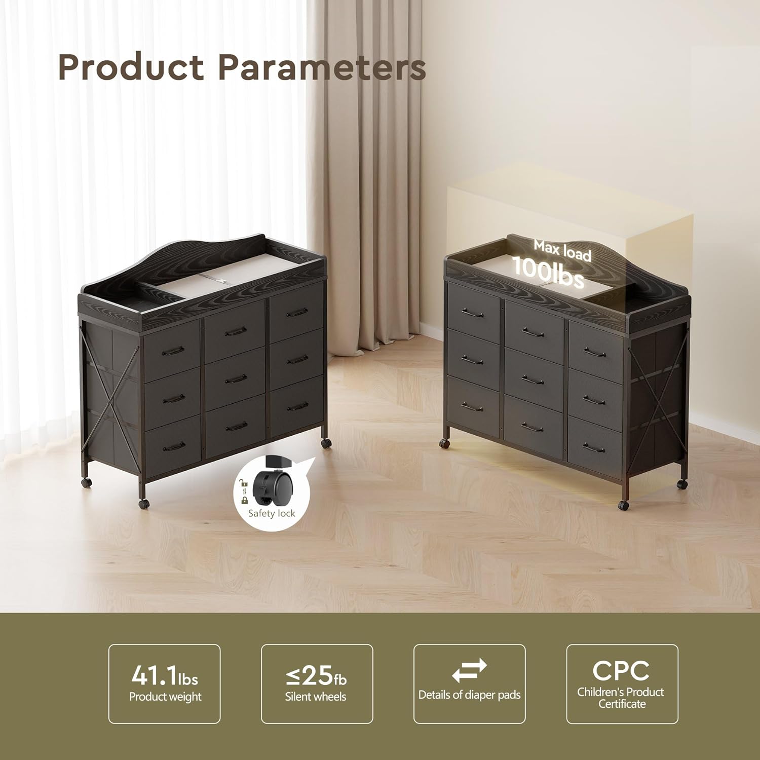 Baby Changing Table with 9 Fabric Boxes, Waterproof Diaper Changing Station & Pad, Mobile Nursery Diaper Changing Table, Baby Furniture, Black