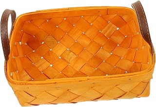 Practical Food Basket Organizer Basket with Handles, Brown Large Portable | Wood and PU Leather Build, Rustic Decorative Style, Snacks and Vegetable Use, Family Gatherings Photos