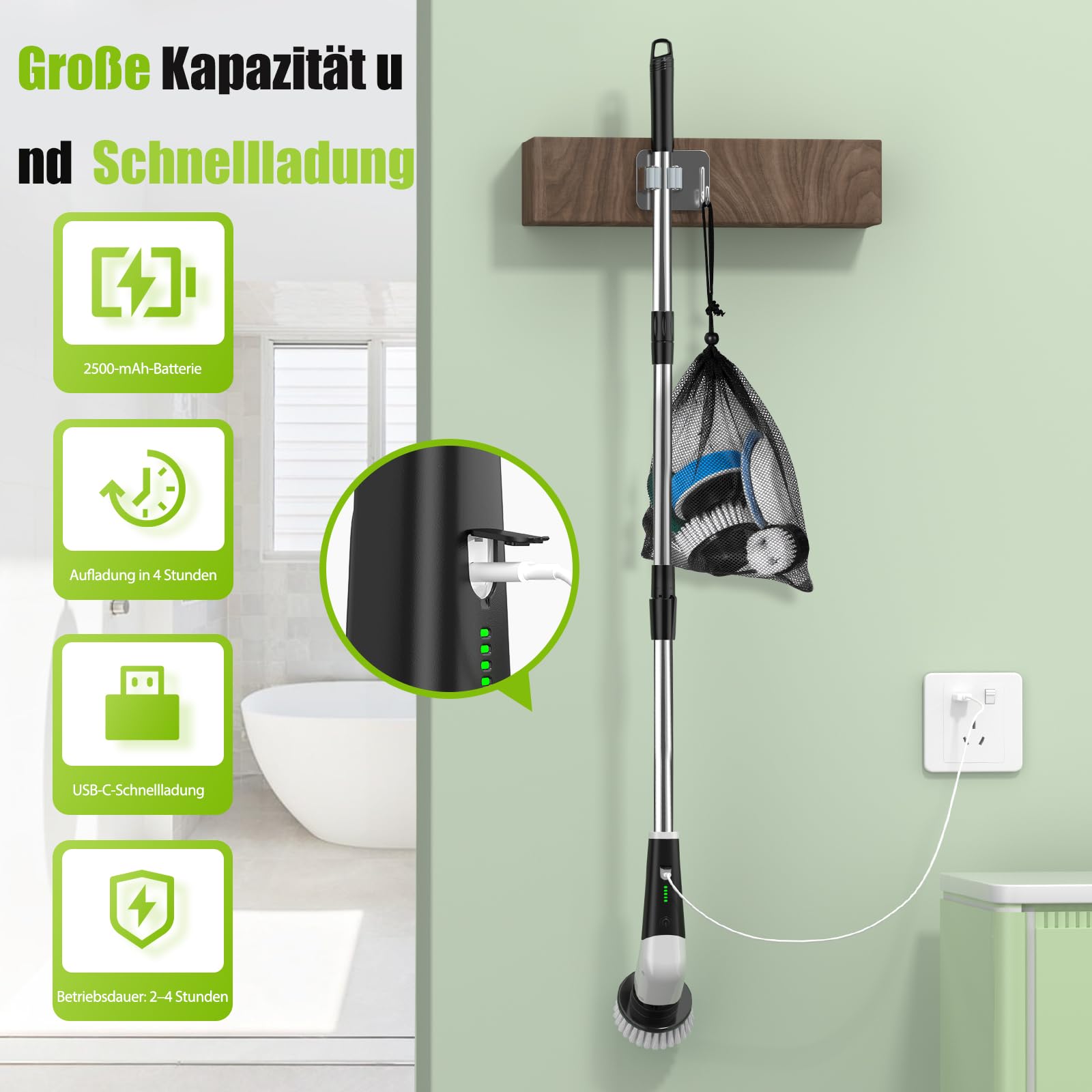 YKYI Elektrischer Reinigungsbürste,Spin Scrubber mit 8 Austauschbaren Bürstenköpfen,IPX7 wasserdichter,Schrubber für Badezimmer,Boden,Küche