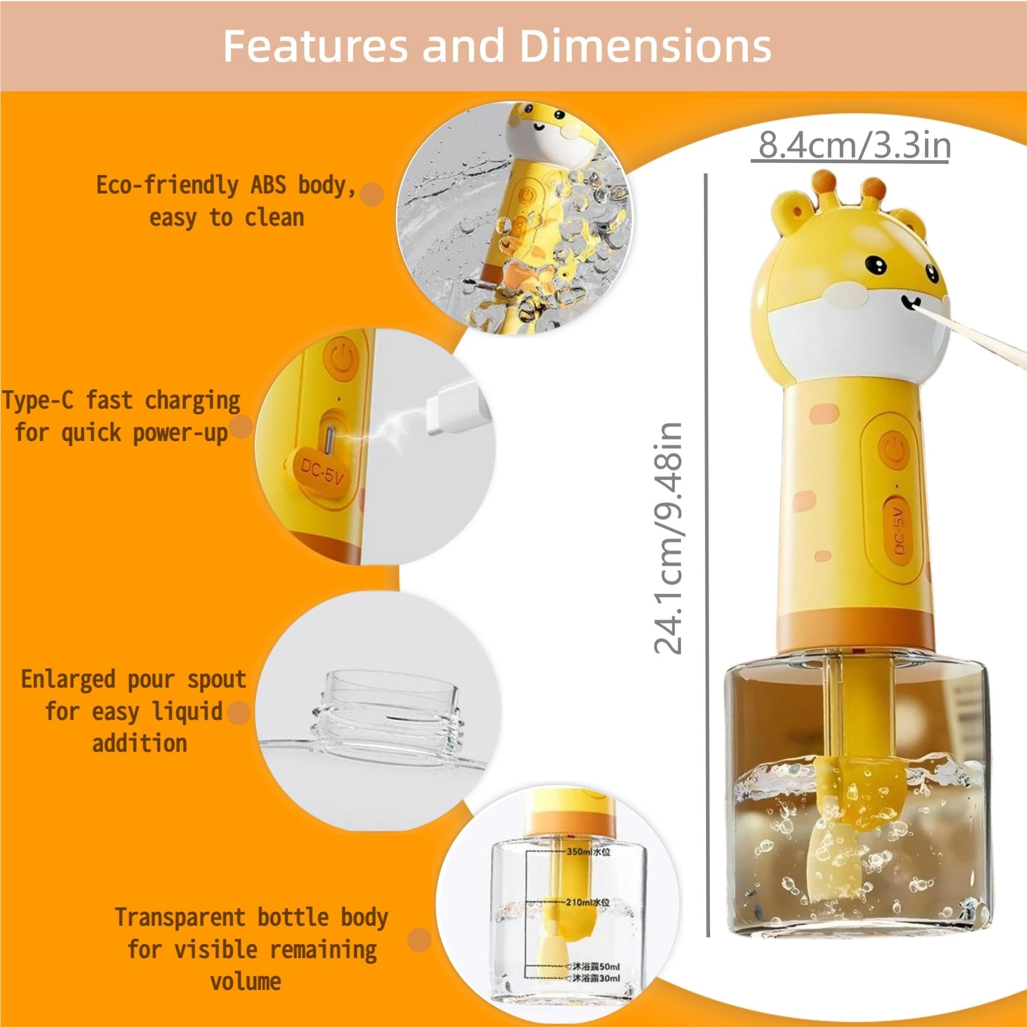 Rechargable Electric Dog Bath Sprayer,Automatic Foaming Soap Dispenser for Dogs Cats,1800mAh IPX6 Waterproof,Wash Foam Machine,Bath Bubble Maker Deep Cleaning Pet Fur,for Bathroom & Kitchen (Giraffe)