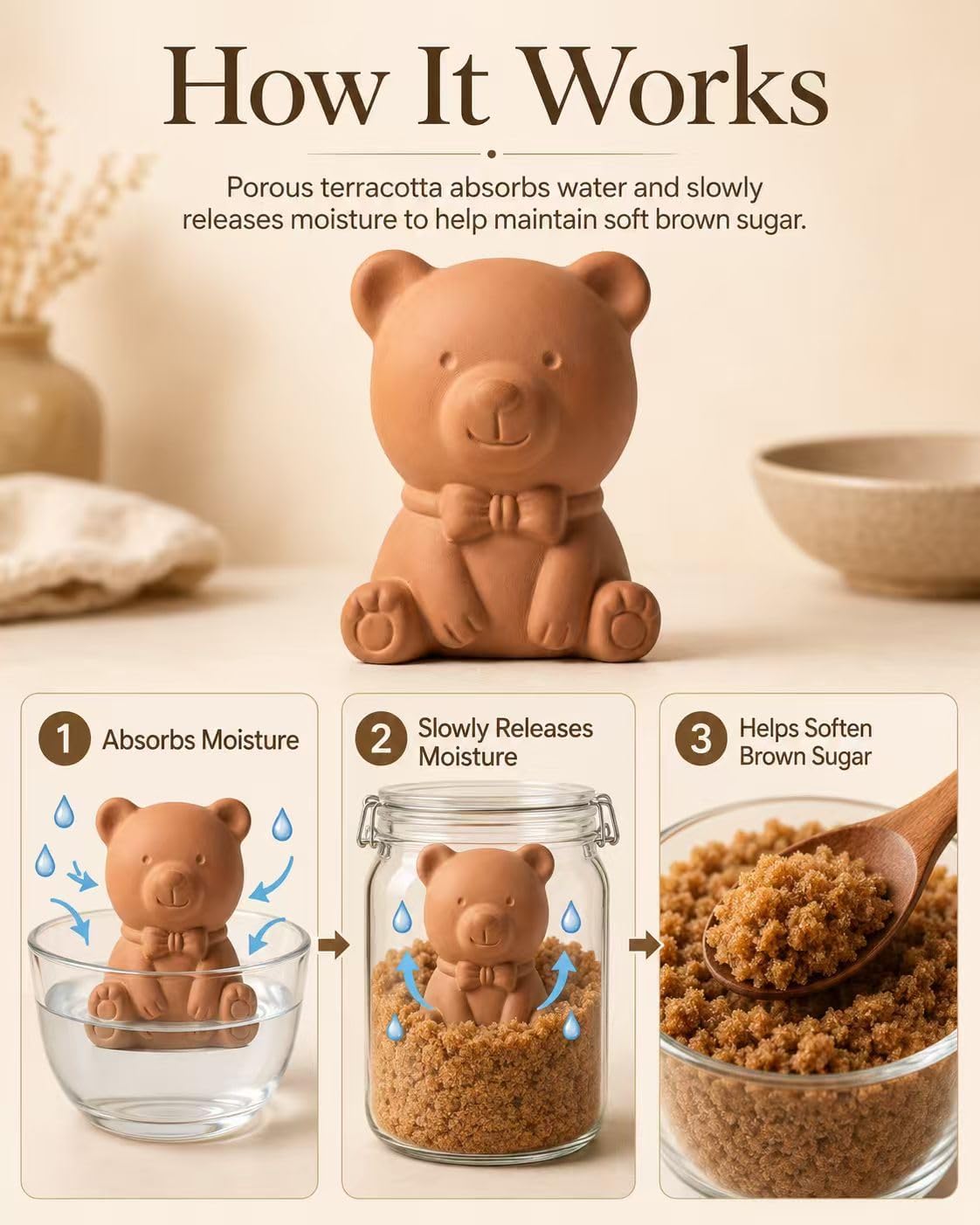 Brown Sugar Bear Keeper - Terracotta Sugar Saver Softener for Brown Sugar Container, Reusable and Food Safe, Set of 2