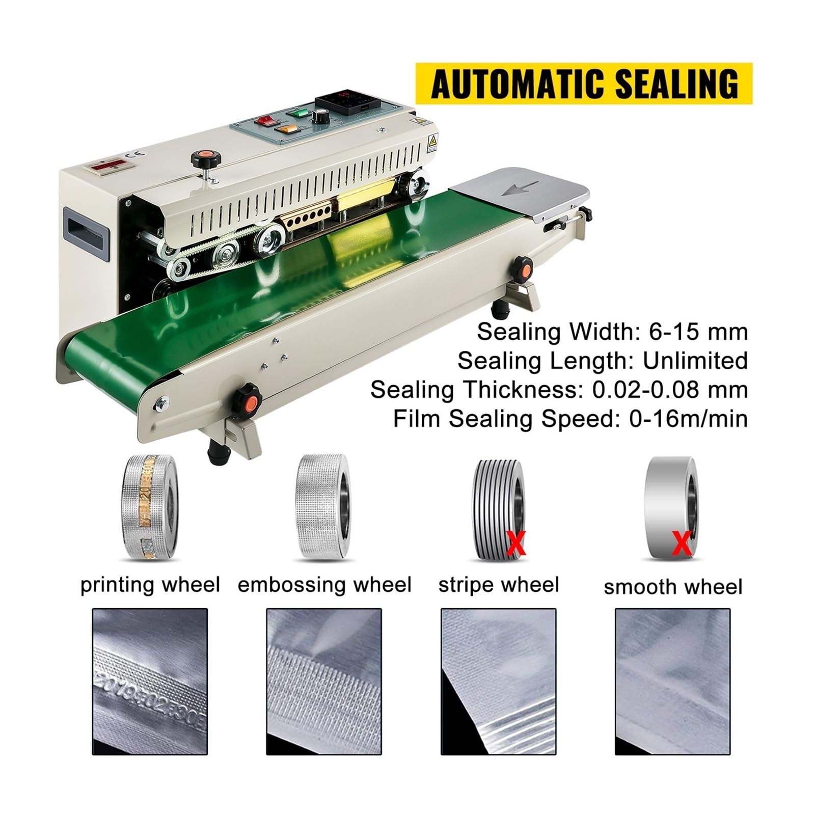 Machine de scellage automatique continue FR900K, 0-16 m/min, largeur 6-15 mm, scelleuse horizontale for sceller les sacs en plastique/aluminium/composites Pour une utilisation DIY