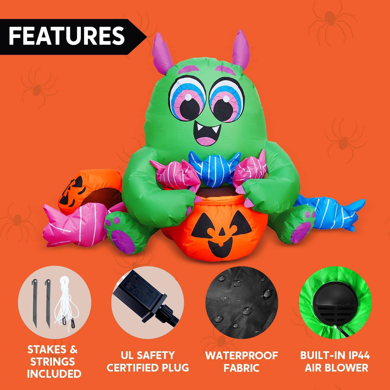 Joiedomi 5 FT Long Halloween Inflatable Monster Candy with Pumpkin Inflatable Yard Decoration with Build-in LEDs Blow Up Inflatables for Halloween Party Indoor, Outdoor, Yard, Garden, Lawn Decorations