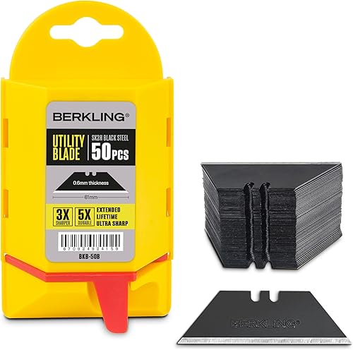 SK2H - Cuchillas para cuchillos utilitarios, 50 unidades con dispensador, acero al carbono negro endurecido afilado con láser, ultra 3 veces más