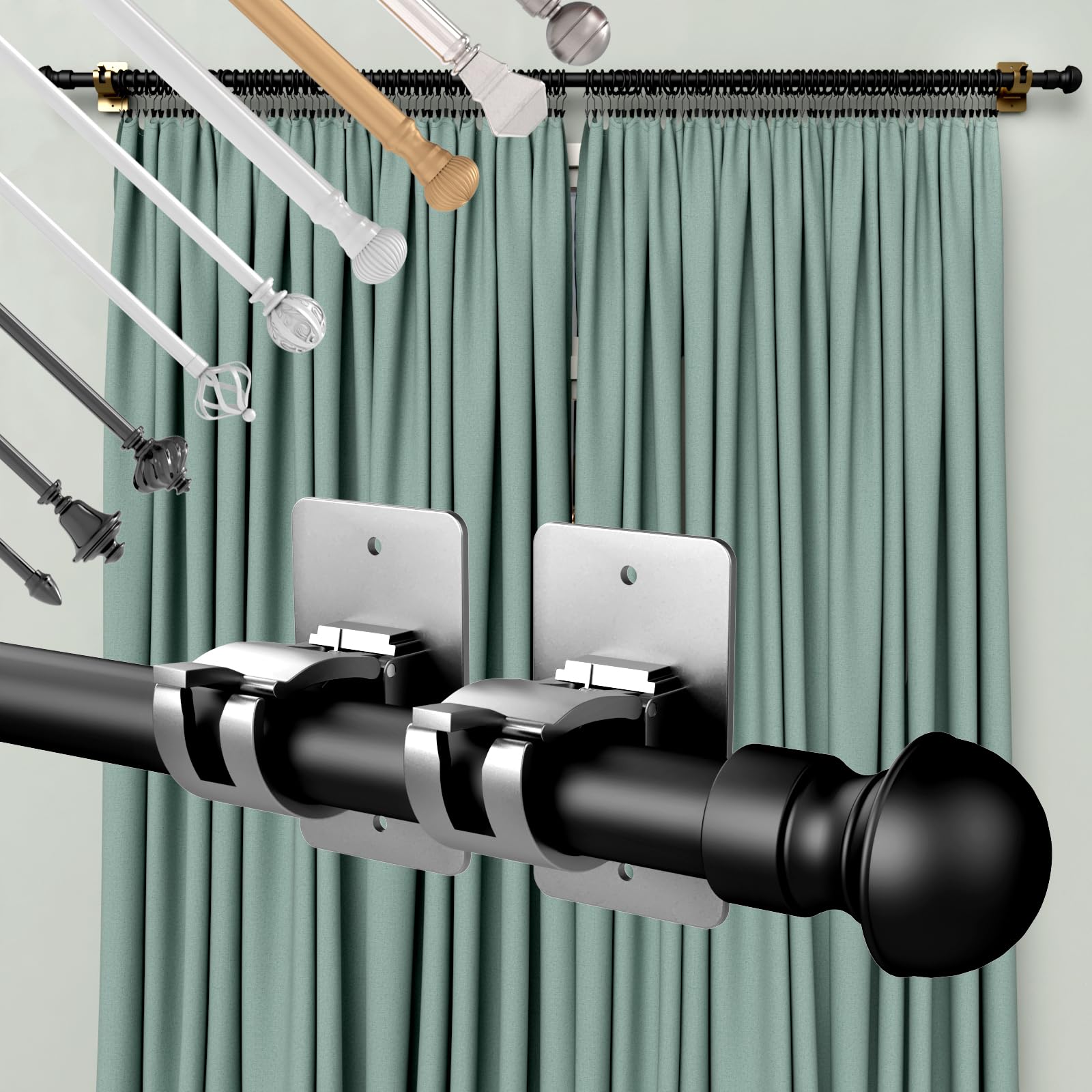 Curtain Rod No Drilling Nail Less Curtain Hardware 6 PCS No Drill Curtain Rod Brackets
