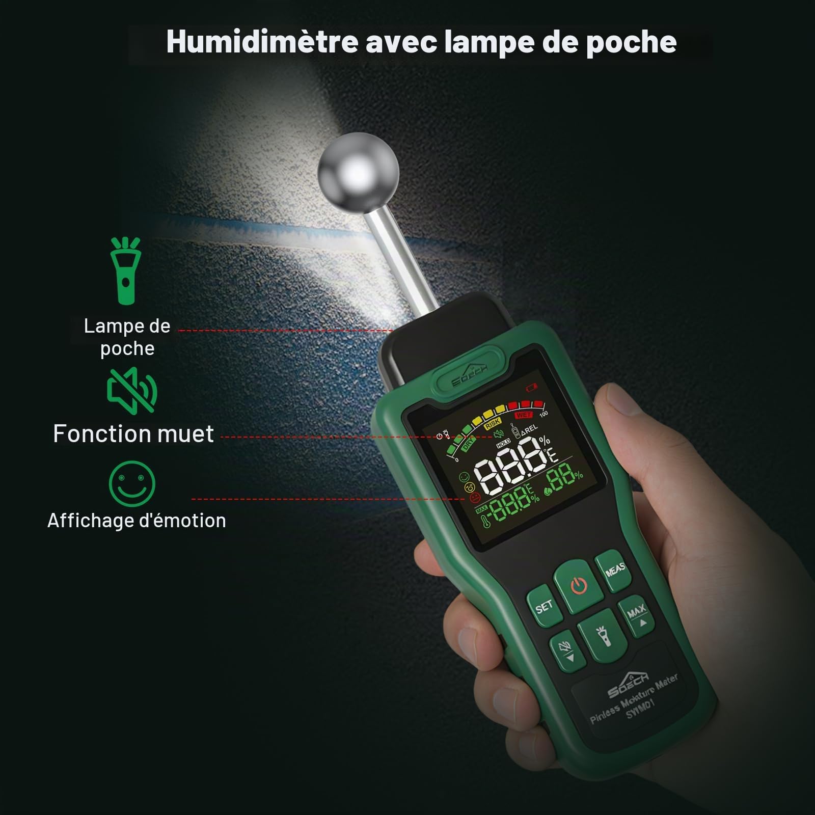 Testeur Humidité, SQECH Humidimetre Mur avec Thermomètre, Lampe de Poche | Détecteur Humidité Multifonction avec écran LCD Couleur, Alarme, pour Mur, Bois, Béton