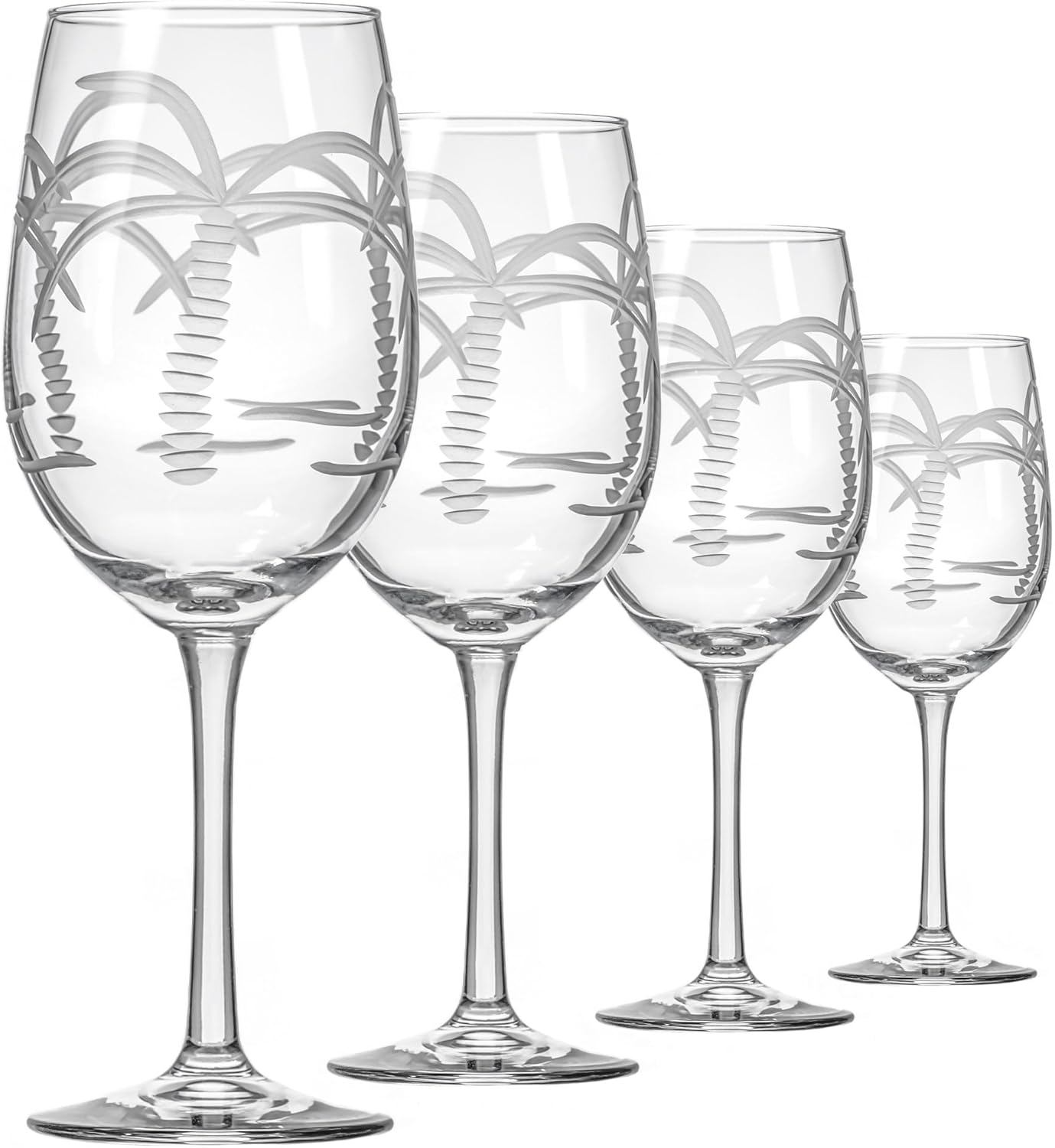 Rolf Glass Palm Tree 12oz White Wine Stemware | Set of 4 | Diamond Wheel Engraved | Lead-free | Designed and Manufactured in the US