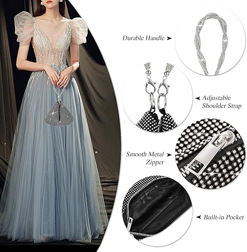 Miniatura 3 de TRICIA Monederos plateados brillantes para mujer, bolso de mano con diamantes de imitación para fiesta, baile, club, boda