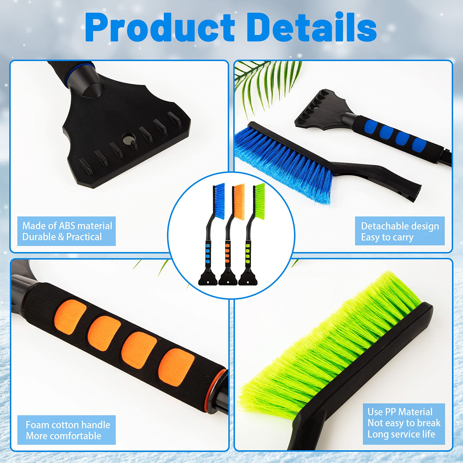 3 Pièces Grattoir à Neige Grattoir à Glace et Brosse Amovible avec Poignée en Mousse Amovible Déneigeuse sans Rayures pour Hiver Voitures Camions SUV, Vert Orange Bleu