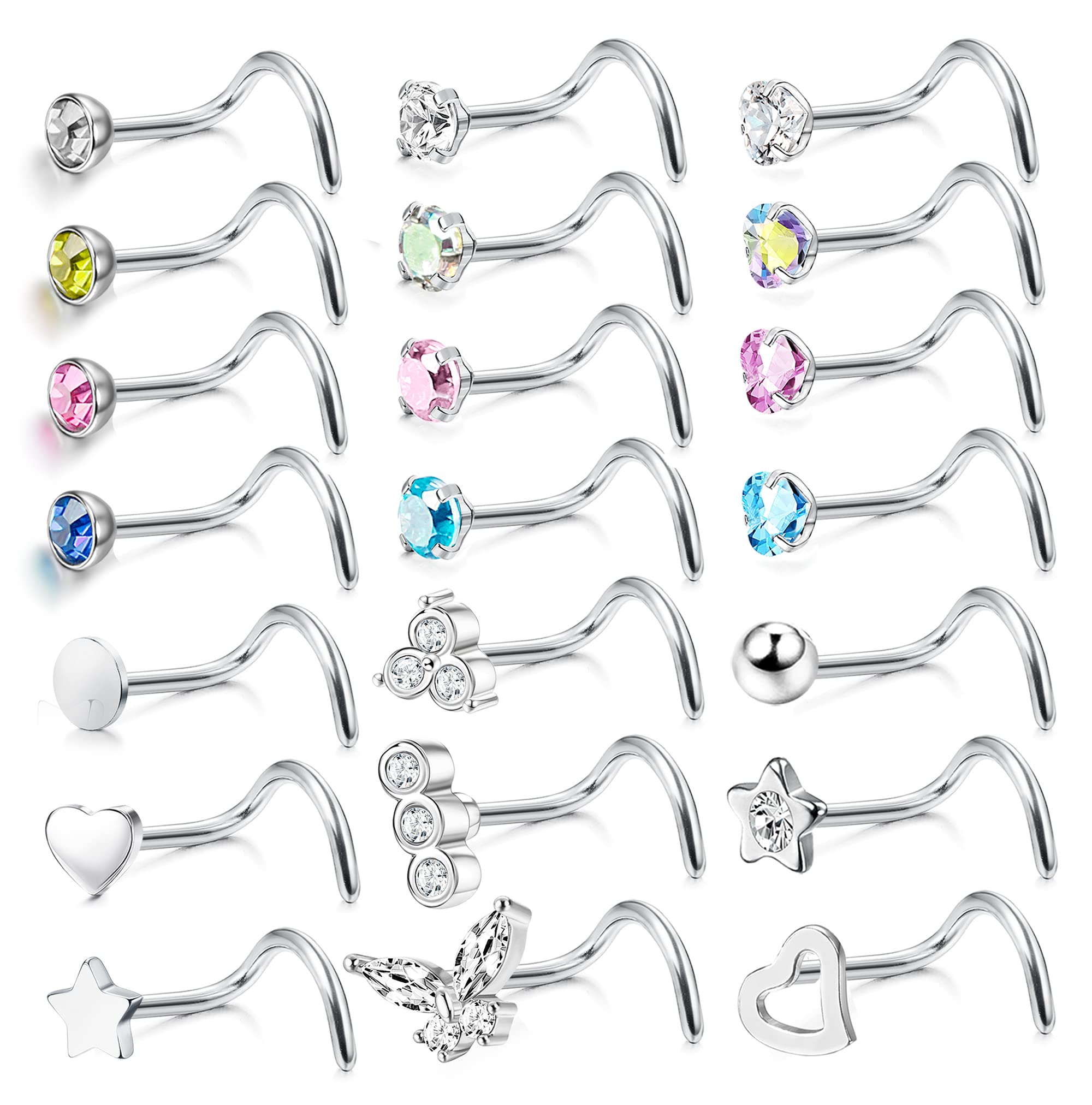 Set 20 Piercing Naso - Acciaio Chirurgico 20G, CZ E Opale, Multicolore, Per Donna/Uomo