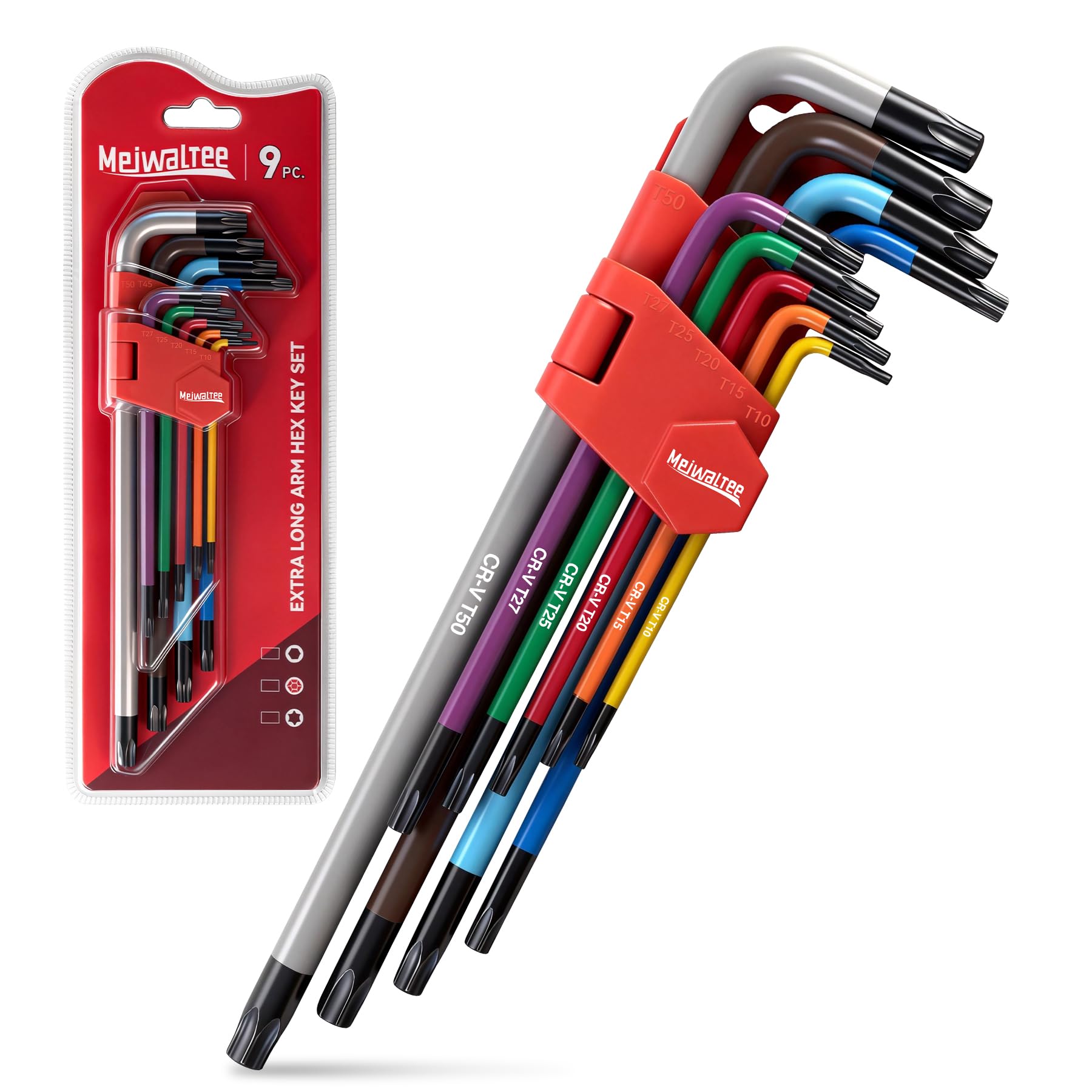 Meiwaltee 9PCS Torx Star Allen Wrench Set, Extra Long Arm Star Key Set T10 - T50, Cr-V Steel, Color-Coded Anti-Slip Wrenches for Bike Repair, Furniture Assembly, Motorcycle Maintenance, DIY Project. โ image 1