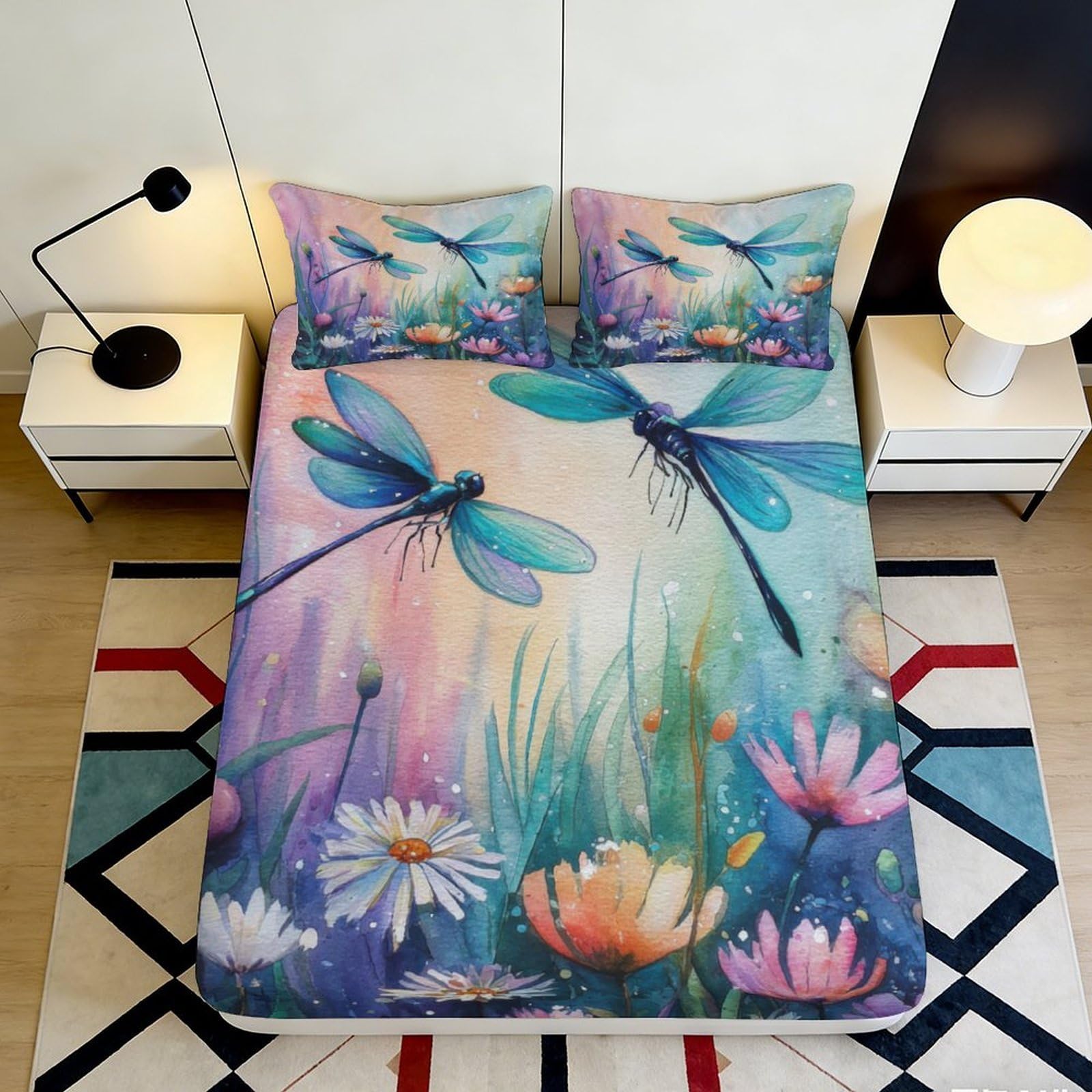 3D Printed Dragonfly Meadow Fitted Sheet Microfiber Soft Floral Watercolor Bed Cover for Bedroom Guest Room Decoration 90x200x25cm