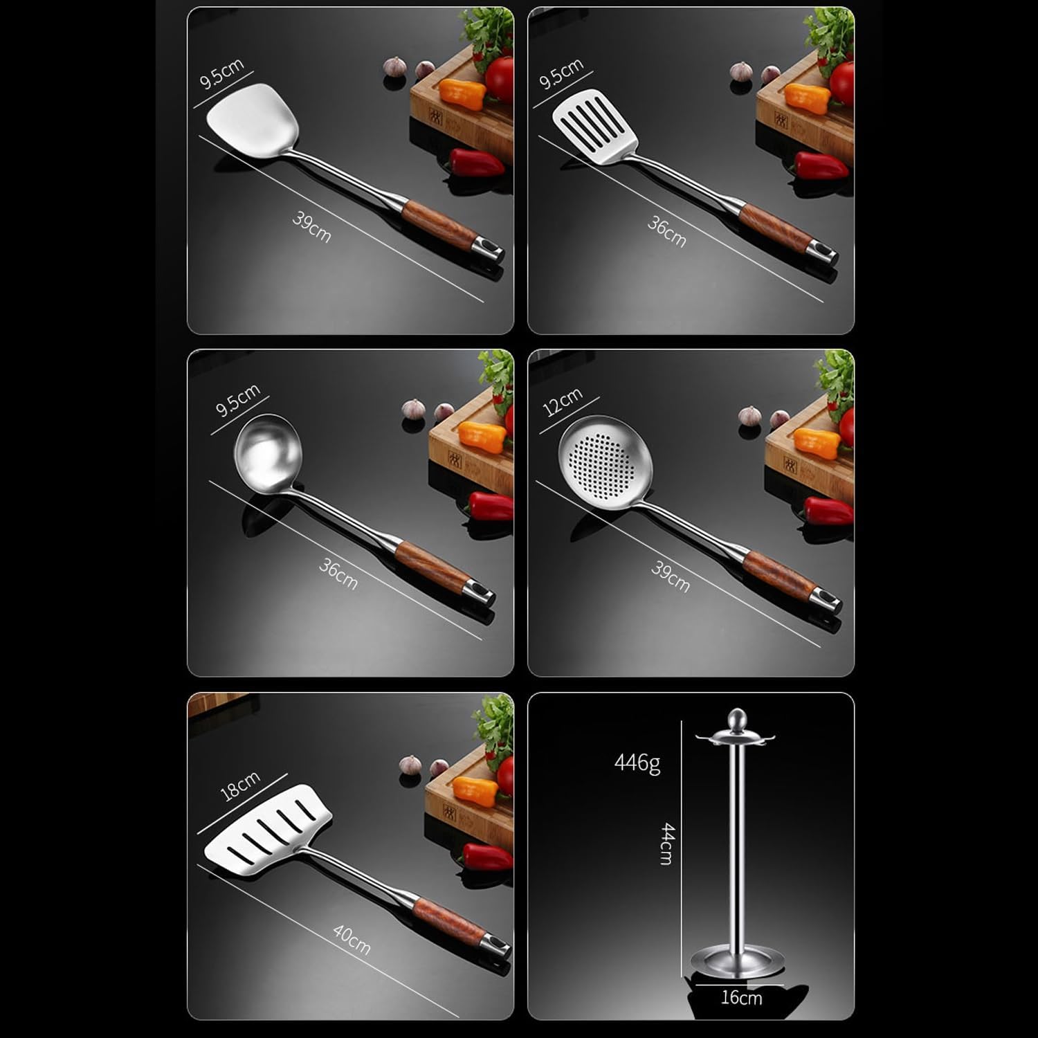 Kitchen Utensil Set of 6, Stainless Steel Anti-scalding Wooden Handle Kitchen Tools Set with Holder, Suitable for Kitchen Cooking Restaurant