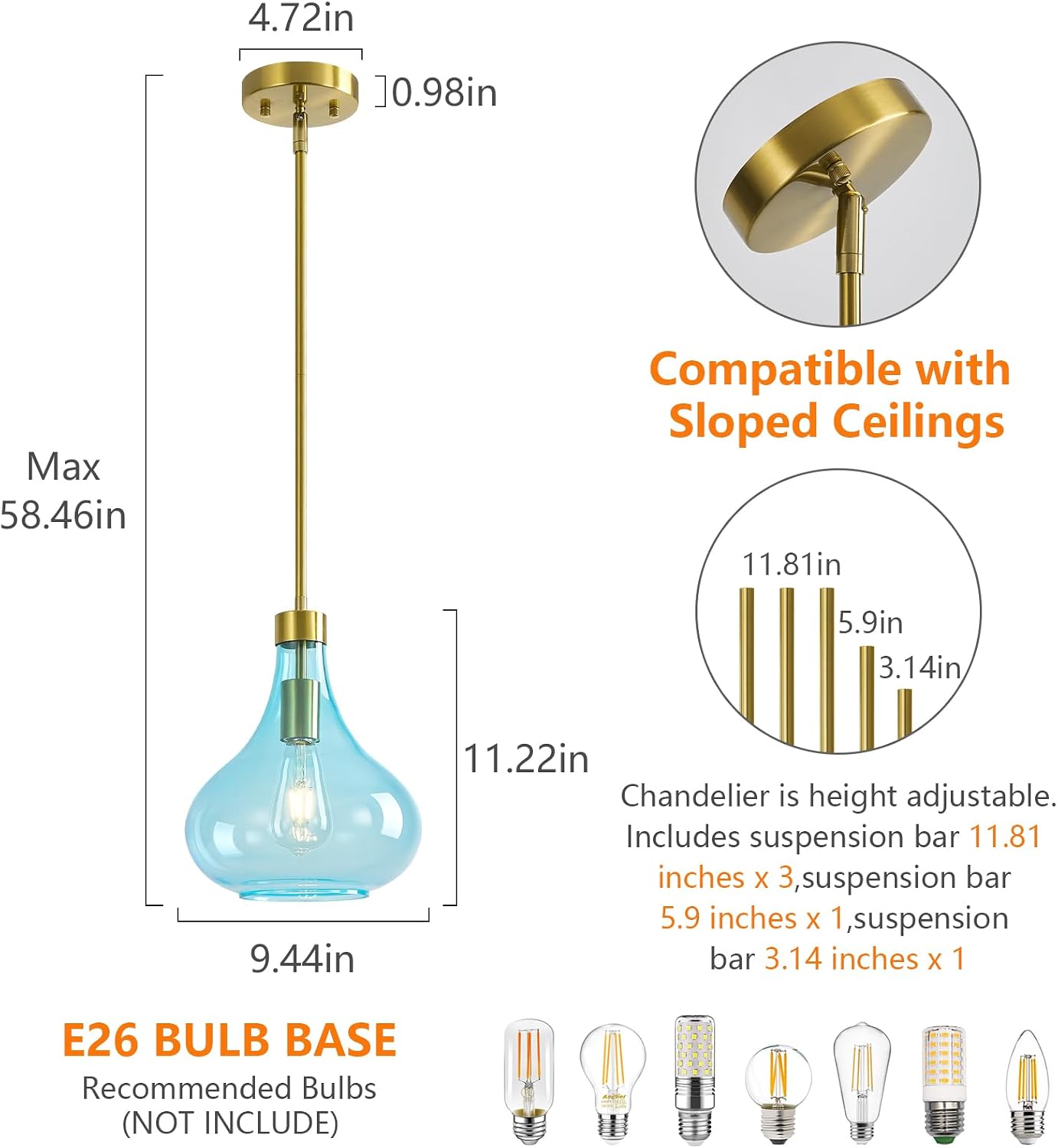 Modern Glass Pendant Light 9.44 in Light Blue Glass Shade Gold Farmhouse Island Pendant Lights for Kitchen Pendant Lighting Over Sink Bedroom Dining Room