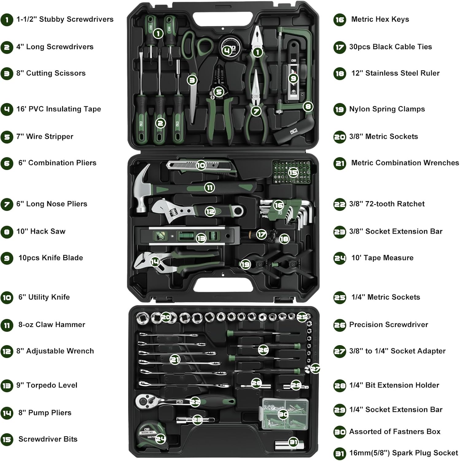Prostormer 269-Piece Tool Set, Complete Tool Kit for Home, Auto and Mechanics Repair, General Household Hand Tool Box with Drawer for Men & Women (Green)