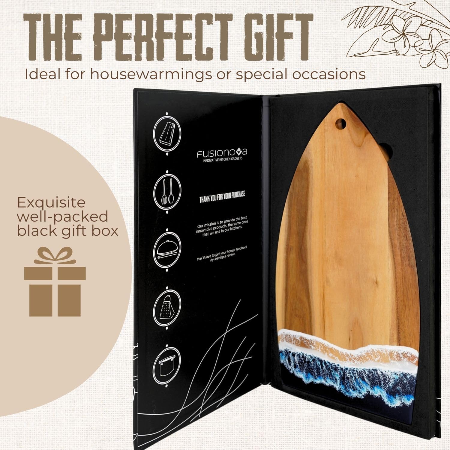 FUSIONOVA Acacia Cutting Board with Epoxy - Surfboard Shaped Wood Cutting Board with Waves, Beach House Essentials - Epicure, Gourmet, Cheese Lovers - Unique Gift for Surfers - Surf Decor - Surf Gift