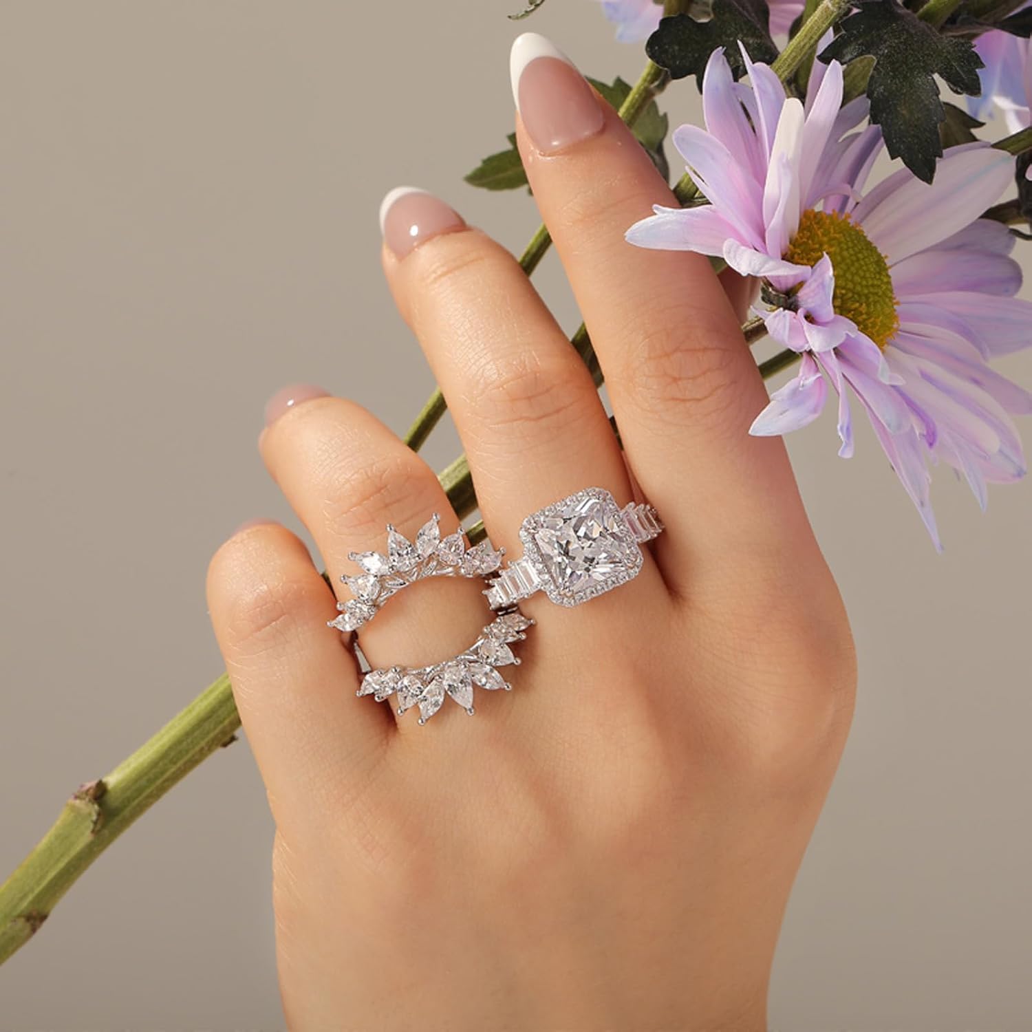 Jeulia 2PCS Halo Wedding Ring Sets for Women, S925 Silver Interchangeable Princess Cut Engagement Enhancer Bridal Set Romantic Anniversary Promise Gift with Jewelry Box