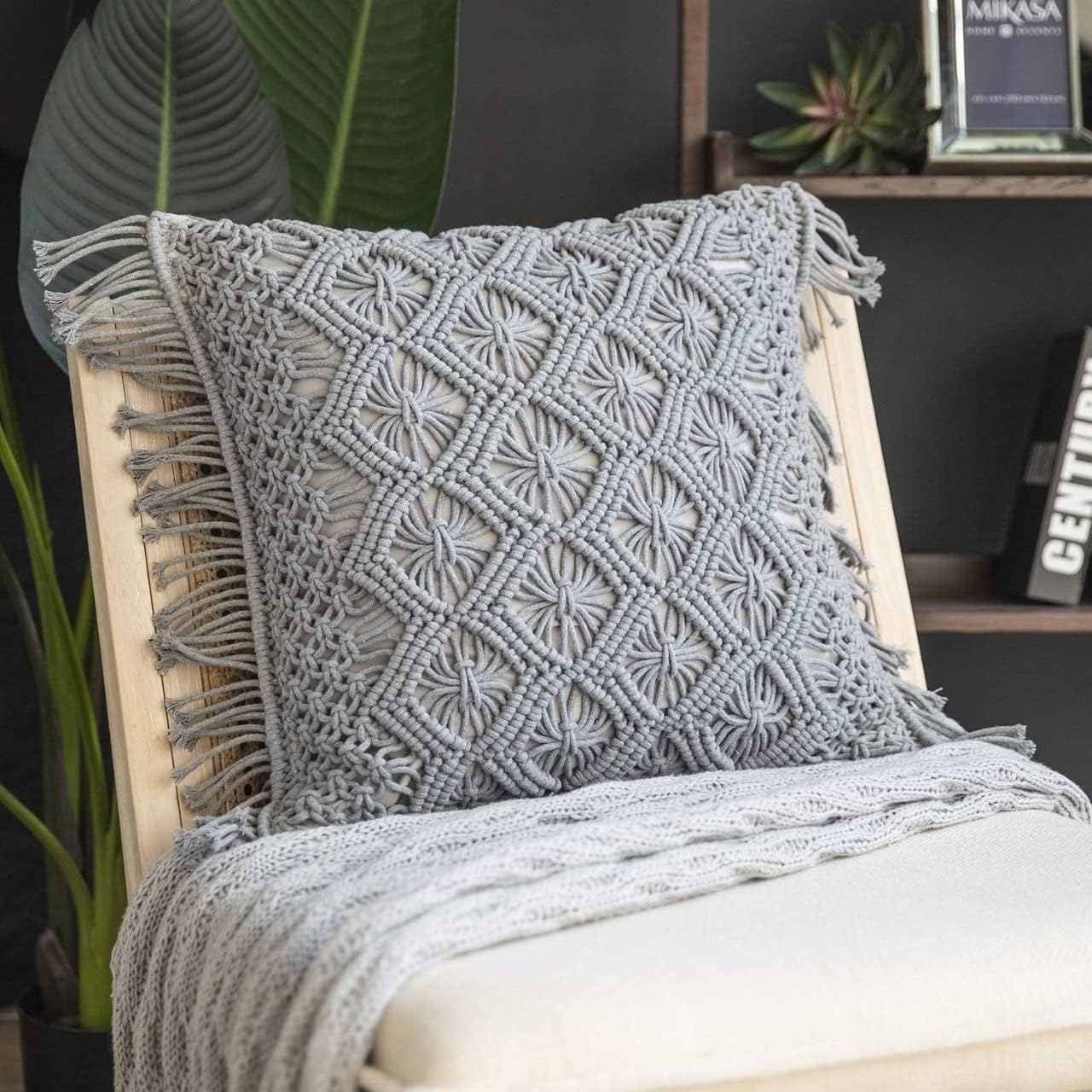 Set di 2 federe per cuscini bohémien, 40,6 x 40,6 cm, in macramè con frangia, grigie, decorative per divano, camera da letto, soggiorno, 100% cotone