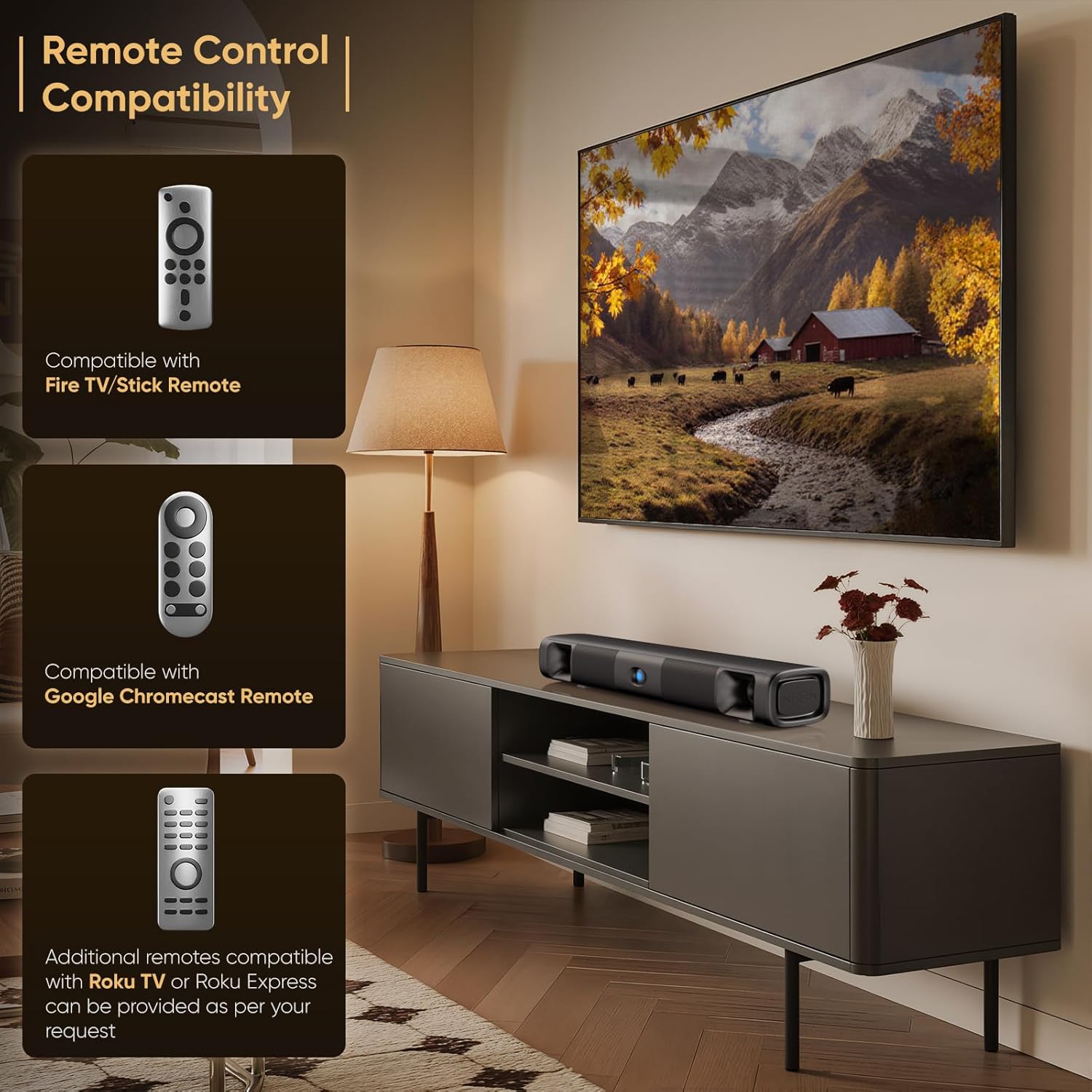 Image showing compatibility of the Saiyin Sound Bar with Fire TV, Google Chromecast, and Roku TV remotes.