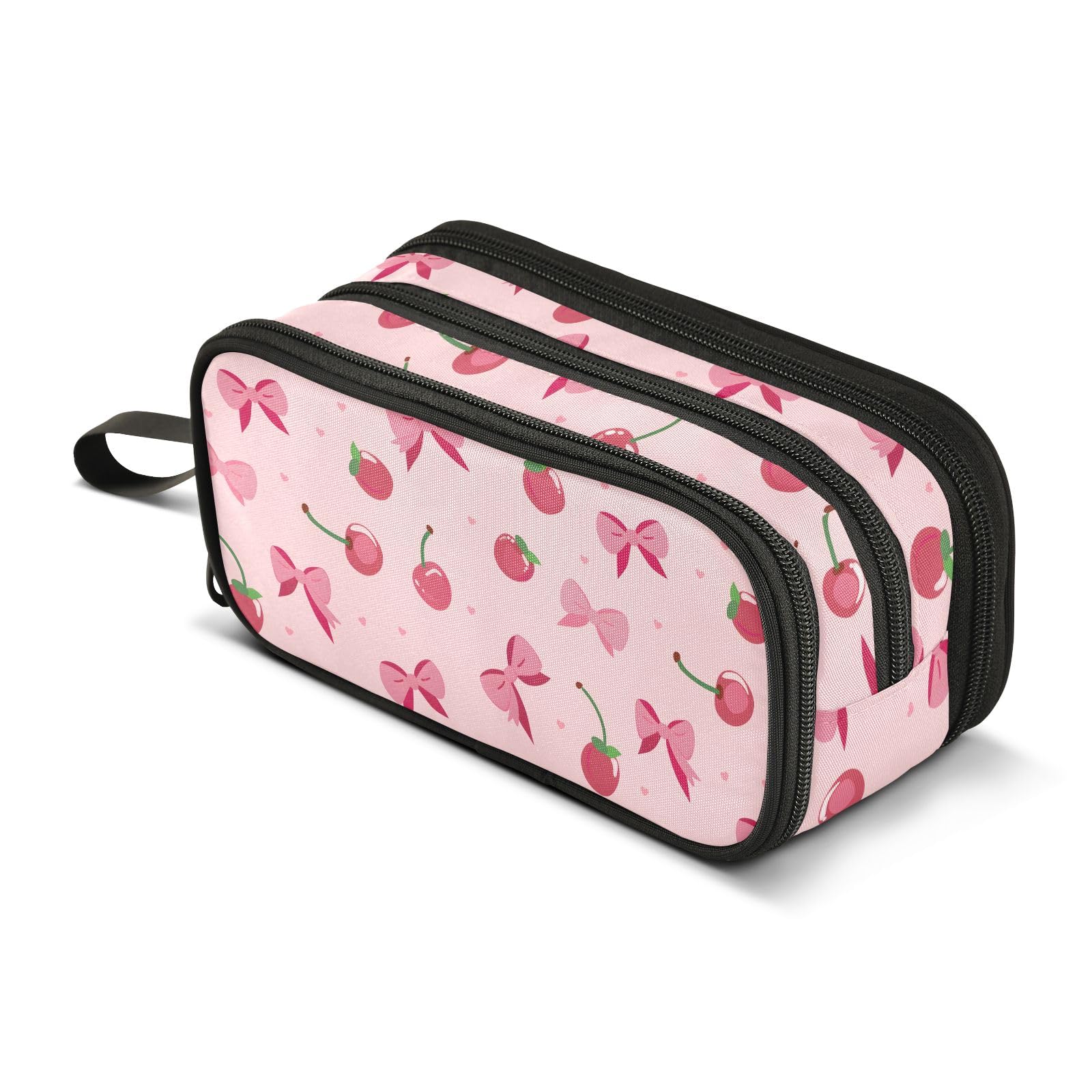 OWFKAY Pink Bows Cherry Pencil Case for Girls School Large Capacity with 3 Compartments Pencil Pouch Back to School Supplies Stationery Organizer