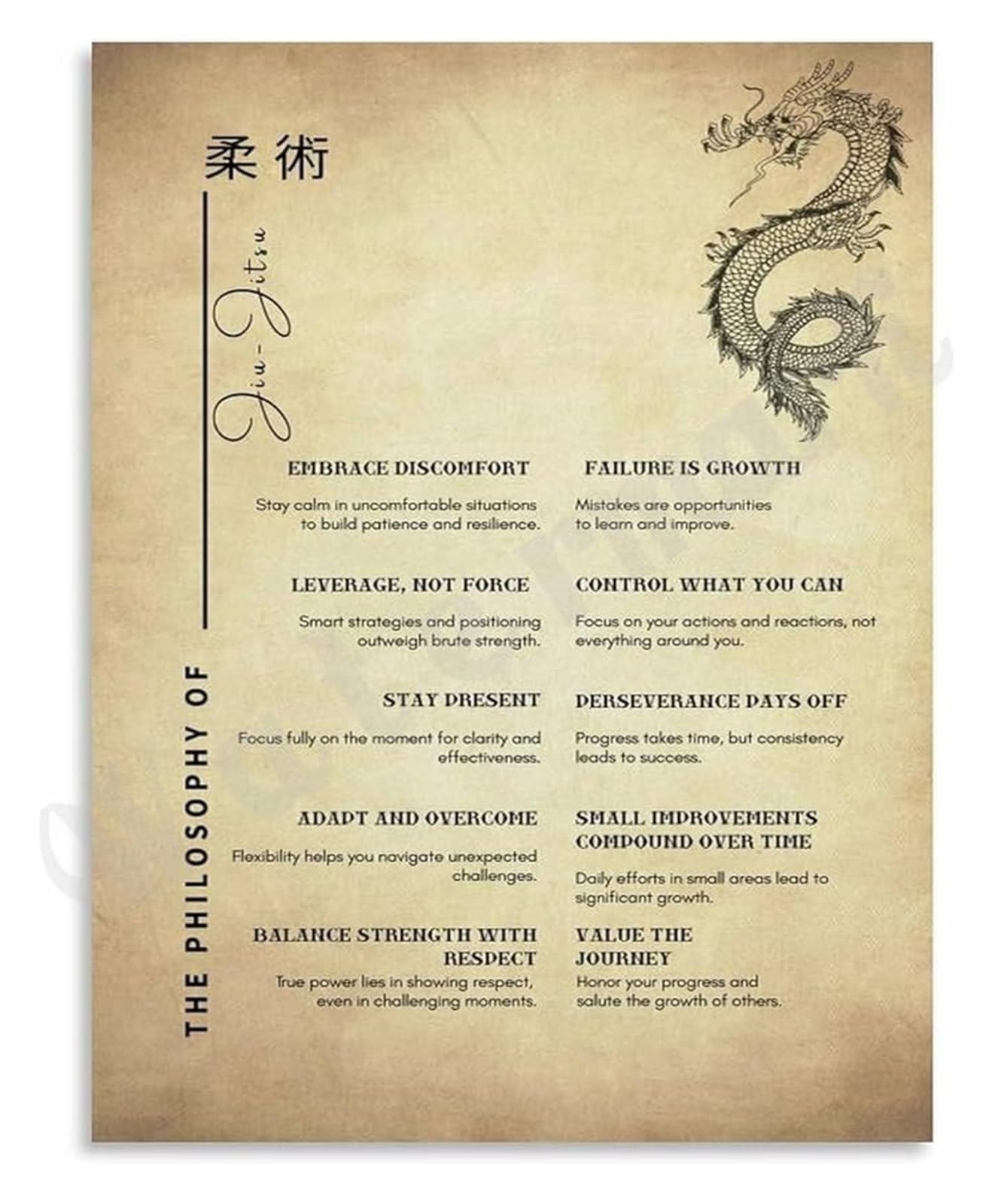 BYCIFRLG Martial Arts Code Poster Jiu Jitsu Motivational Maxims Wall-Art for Competitors Home Gym Workout Room Decor Gift Idea(Framed,16x24inch(40x60cm))