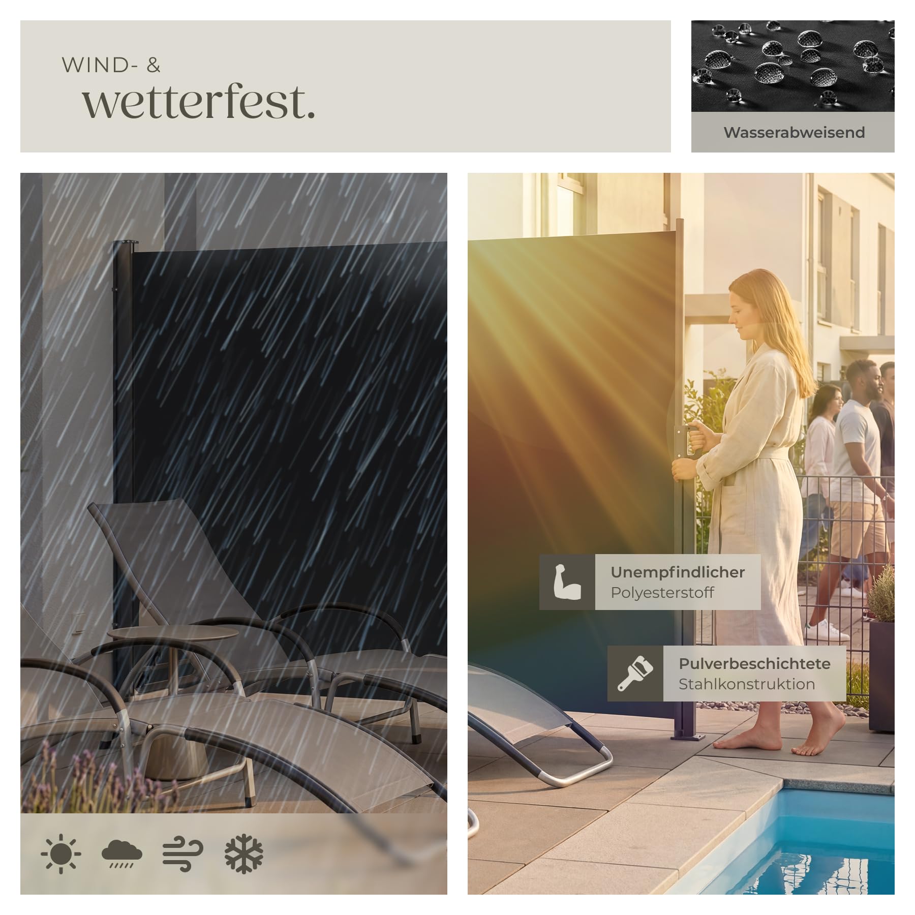 tectake® ausziehbare Seitenmarkise, 180 x 300 cm, wetterfest, Blickdicht, mit Aufrollmechanismus, Schutz vor Sonne und Wind, Seitenbeschattung, Seitensonnenschutz, Seitensichtschutz - schwarz