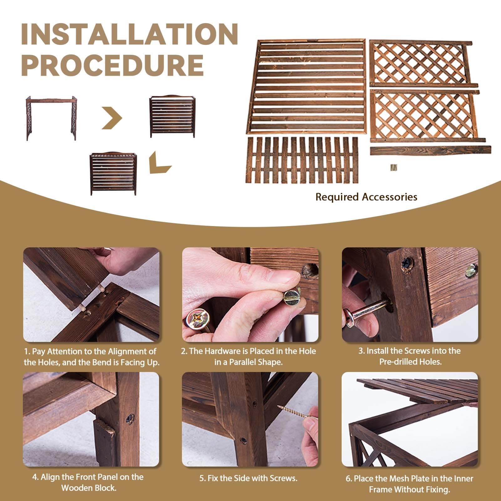 Cubierta de valla de madera rústica marrón para unidad de aire acondicionado al aire libre, escudo grueso de protección contra la intemperie para jardines y patios, diseño duradero y elegante