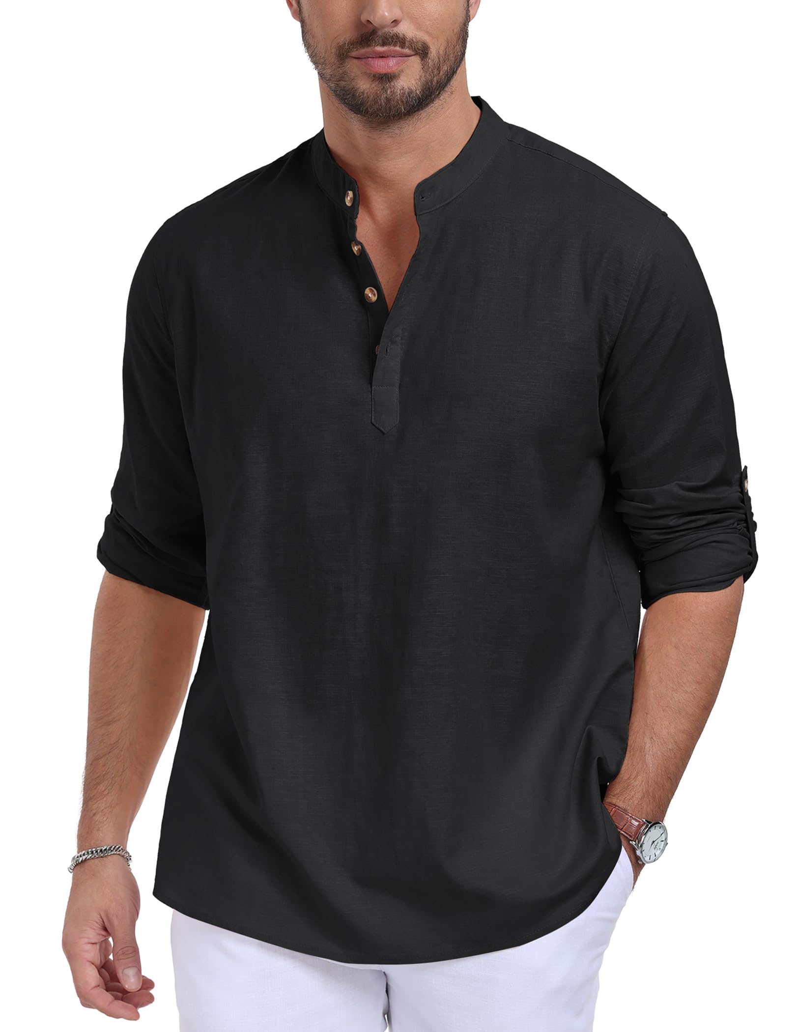 QUEZHU Camisa de Lino Algodón Hombre Manga Larga Camisas de Verano Cuello Mao Casual con Botónes Top Henley Camisa