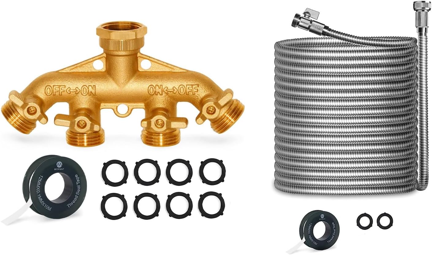 Morvat Heavy Duty 50 Foot Stainless Steel Garden Hose Set with All Brass Shut-Off Valve with Included Accessories PLUS Brass 4 Way Y Splitter with Comfortable Grip Shut Off Valves