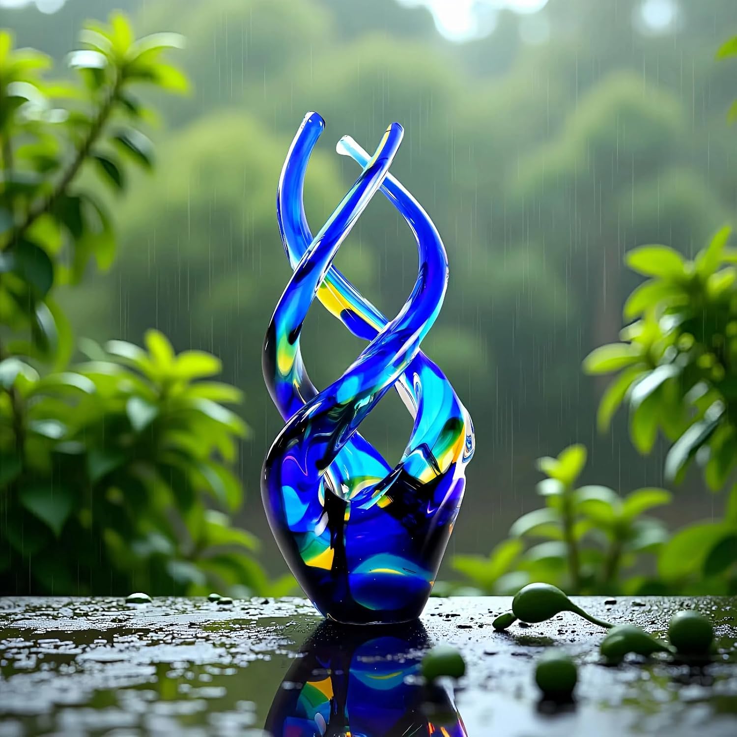 Blown Cobalt Blue Art Glass Sculpture | Glass Figurine Decor for Home, Office & Garden| All-Weather Spiral Design Modern Abstract Ornament Easter Gift