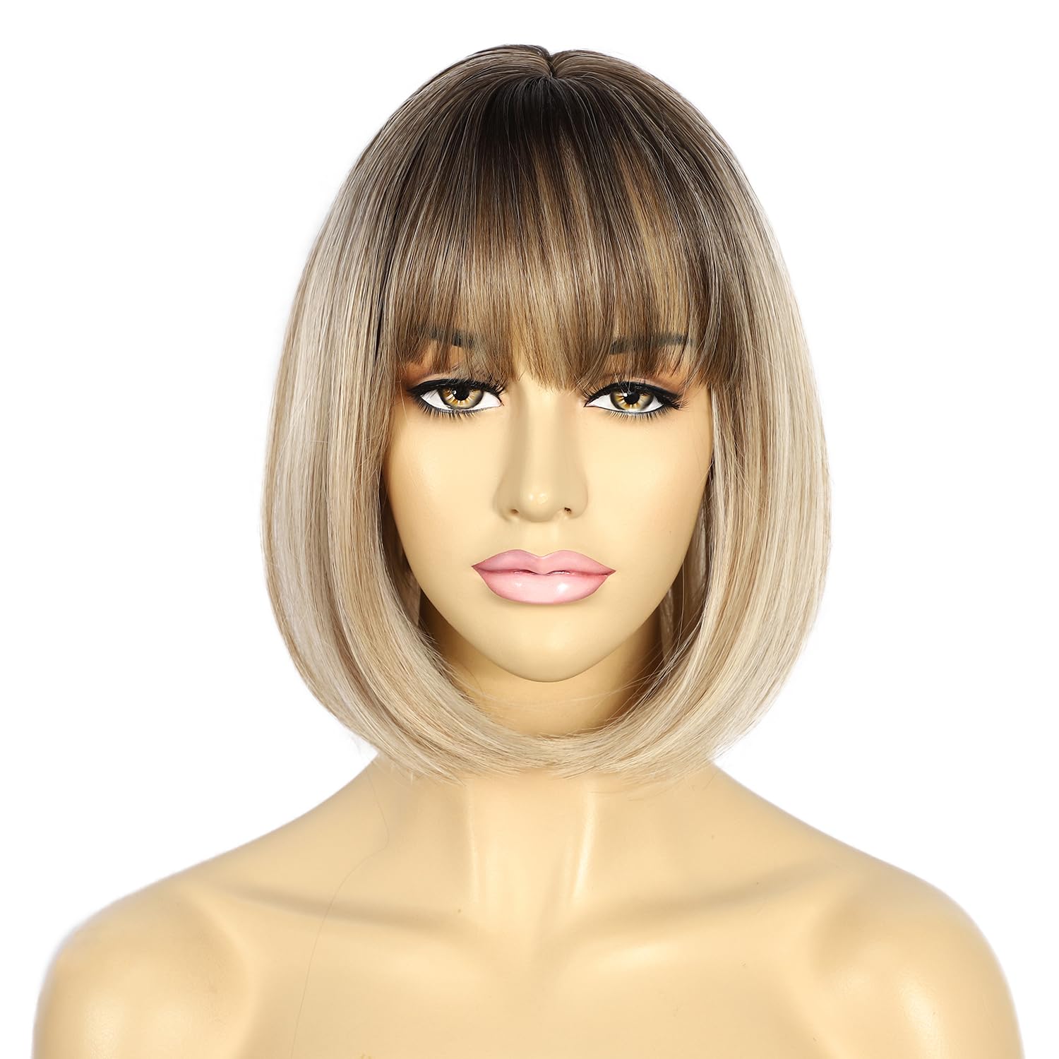 Sapphirewigs Blonde Wigs for Women Mix Blonde Bob Wig with Bangs Dark Roots Short Hair Daily Party Natural Looking 12 inch - Image 2