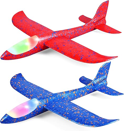 Paquete de 2 aviones de luz LED, avión de espuma grande de 17.5 pulgadas, 2 aviones planeadores de modo de vuelo, juguete volador para niños,