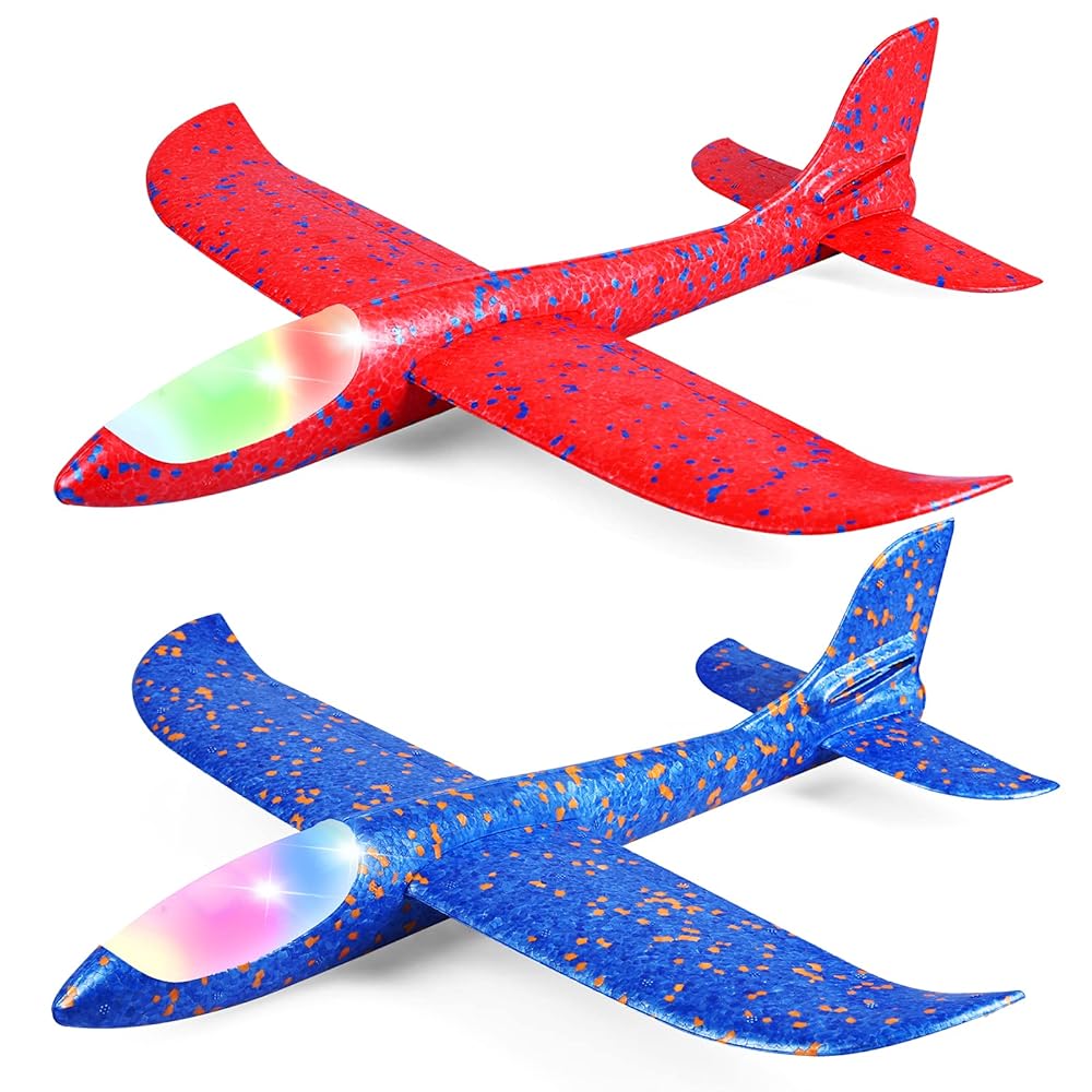 2 Pack LED Light Airplane,17.5 Large Throwing Foam Plane,2 Flight Mode Glider Plane,Flying Toy for Kids,Gifts for 3 4 5 6 7 8 9 Years Old Boy,Outdoor Sport Toys Birthday Party Favors Foam Airplane
