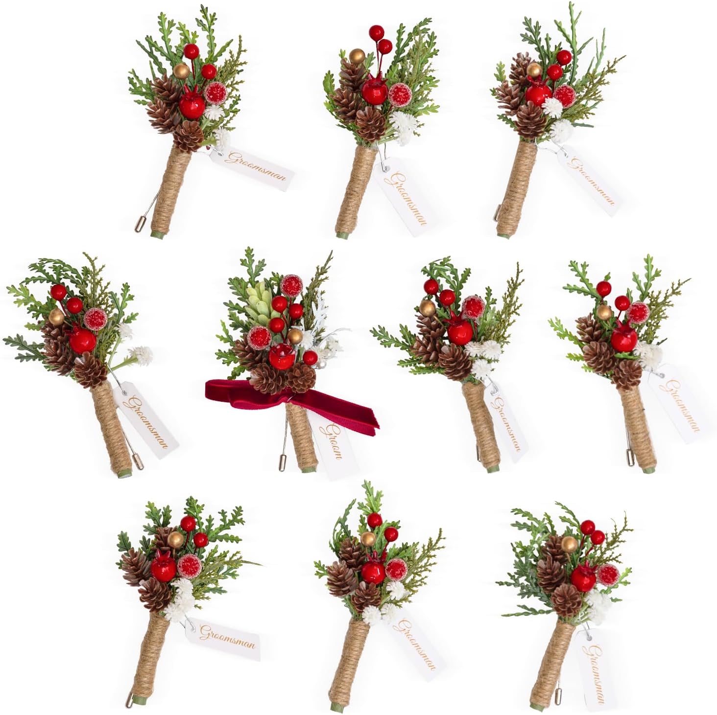 TINGE TIME Boutonniere for Men, Groom and Best Man Boutonniere for Wedding Ceremony Anniversary, Formal Dinner Party and Rustic Xmas Wedding Marriage (Christmas Red)