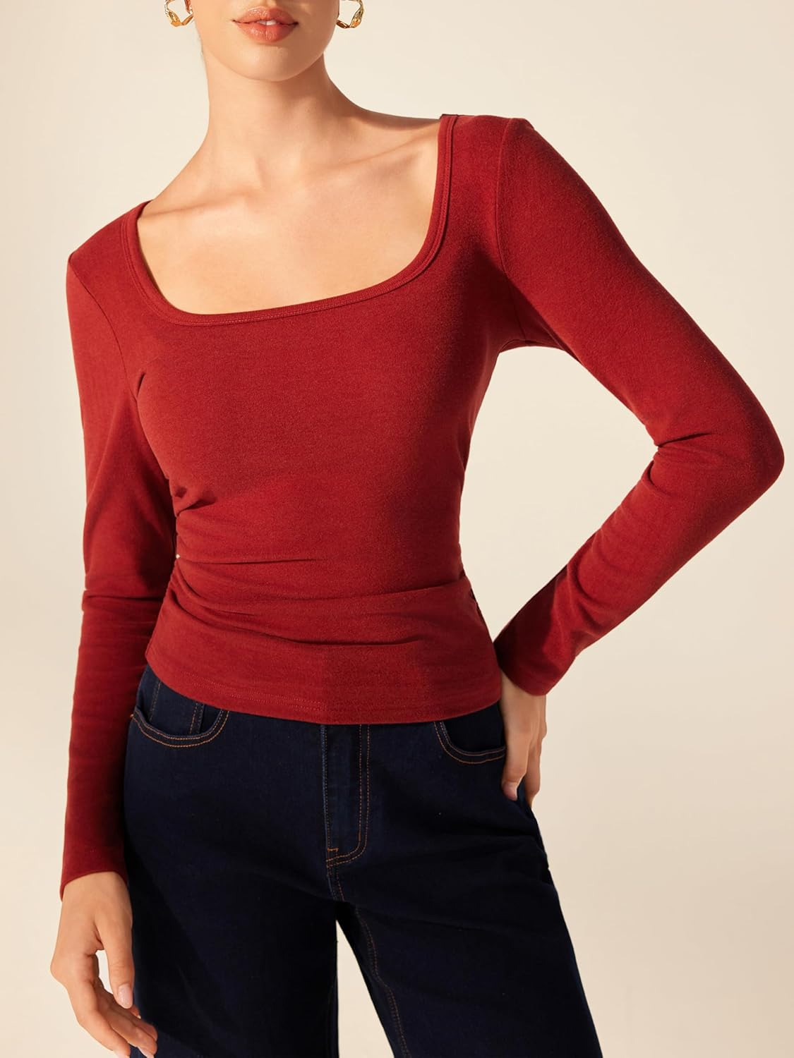CIDER Long Sleeve Tops for Women Thermal Shirts Square Neck Ruched Basic Fall Top Slim Fitted Casual Tee Shirt - Image 3