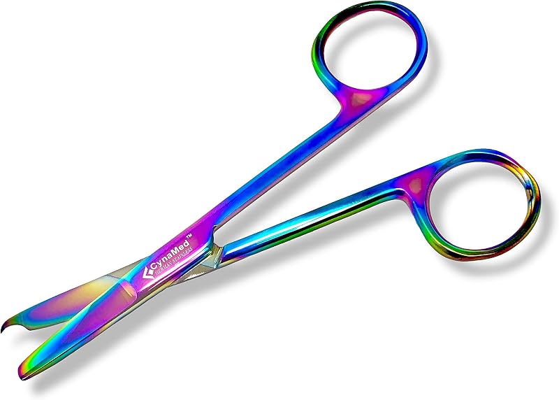 Tijeras de puntada de sutura Cynamed con revestimiento de titanio multicolor/arcoíris, instrumento de calidad premium, gancho delicado, perfecto para extracción de sutura, primeros auxilios, entrenamiento EMS y más (4,5 pulgadas, recto)