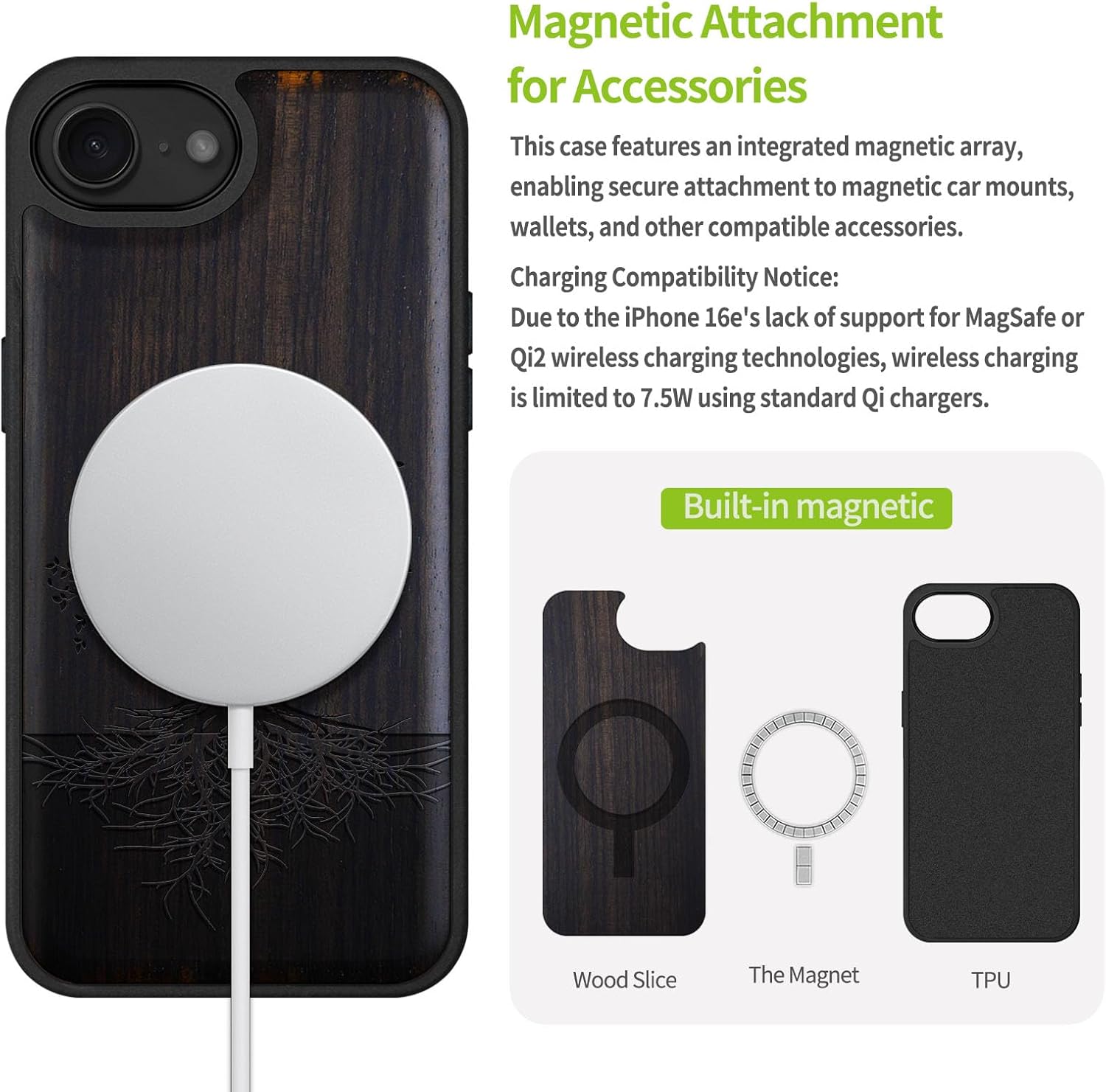 Carveit Magnetic Wooden Case for iPhone 16e / 17e, Solid Wood & TPU, Artisan Engraved Design, Shockproof Cover, Compatible with MagSafe Wireless Chargers, The Yin Yang Tree - Blackwood