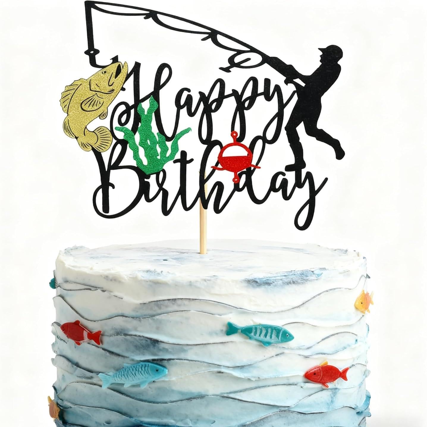 Muiltvoe Fishing Cake Topper, Fisherman Happy Birthday Cake Decorations for Men, Outdoor Fishing Themed Cake Decoration with Fish Cake Picks, Party Supplies for Adult Fisherman