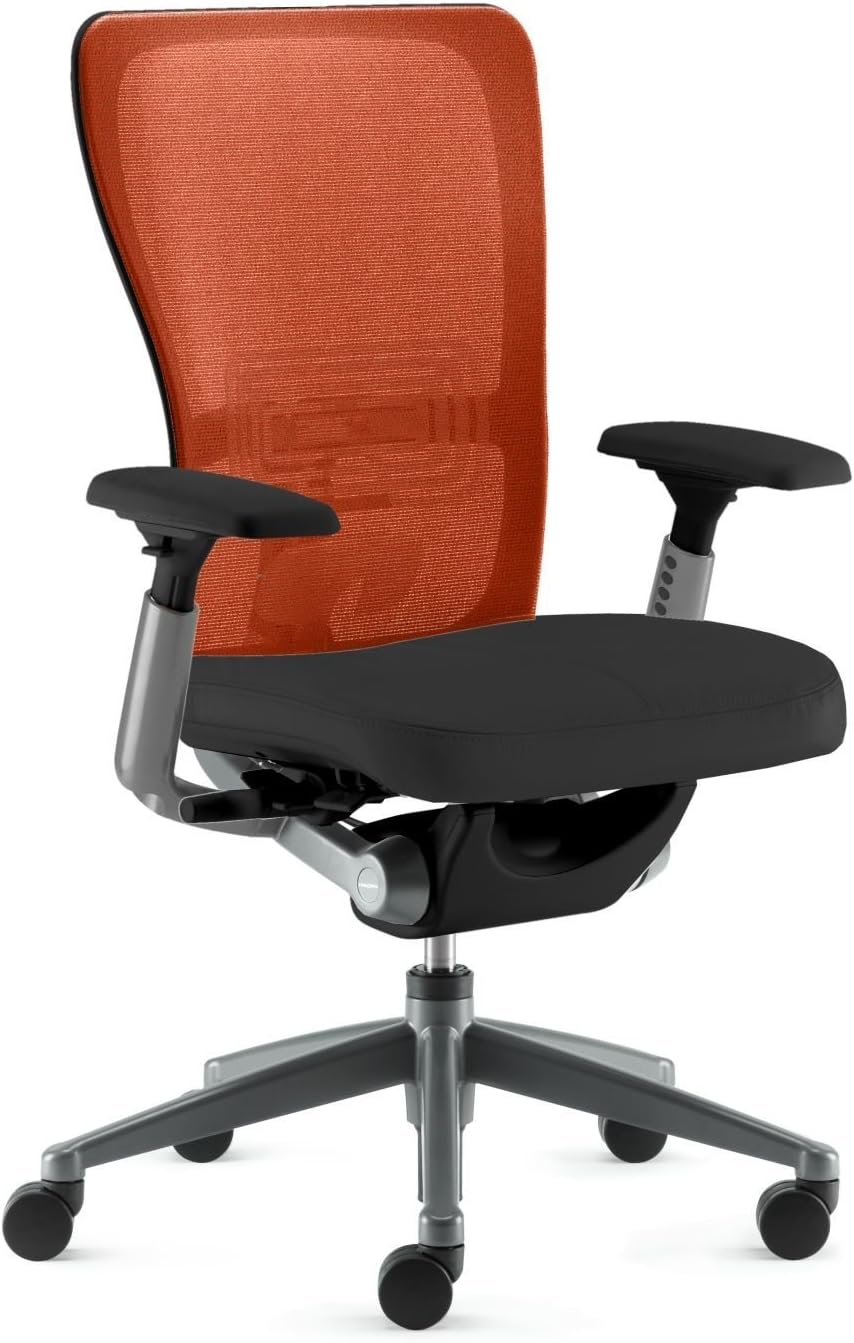 Haworth Zody Task Chair Advanced Model - Back Stop - FWD Tilt - Highly Adj 4D Arms - Standard Carpet Casters - PAL Back System - Silver Base/Black Trim/Gusto Mesh Back/Ink Nature Leather