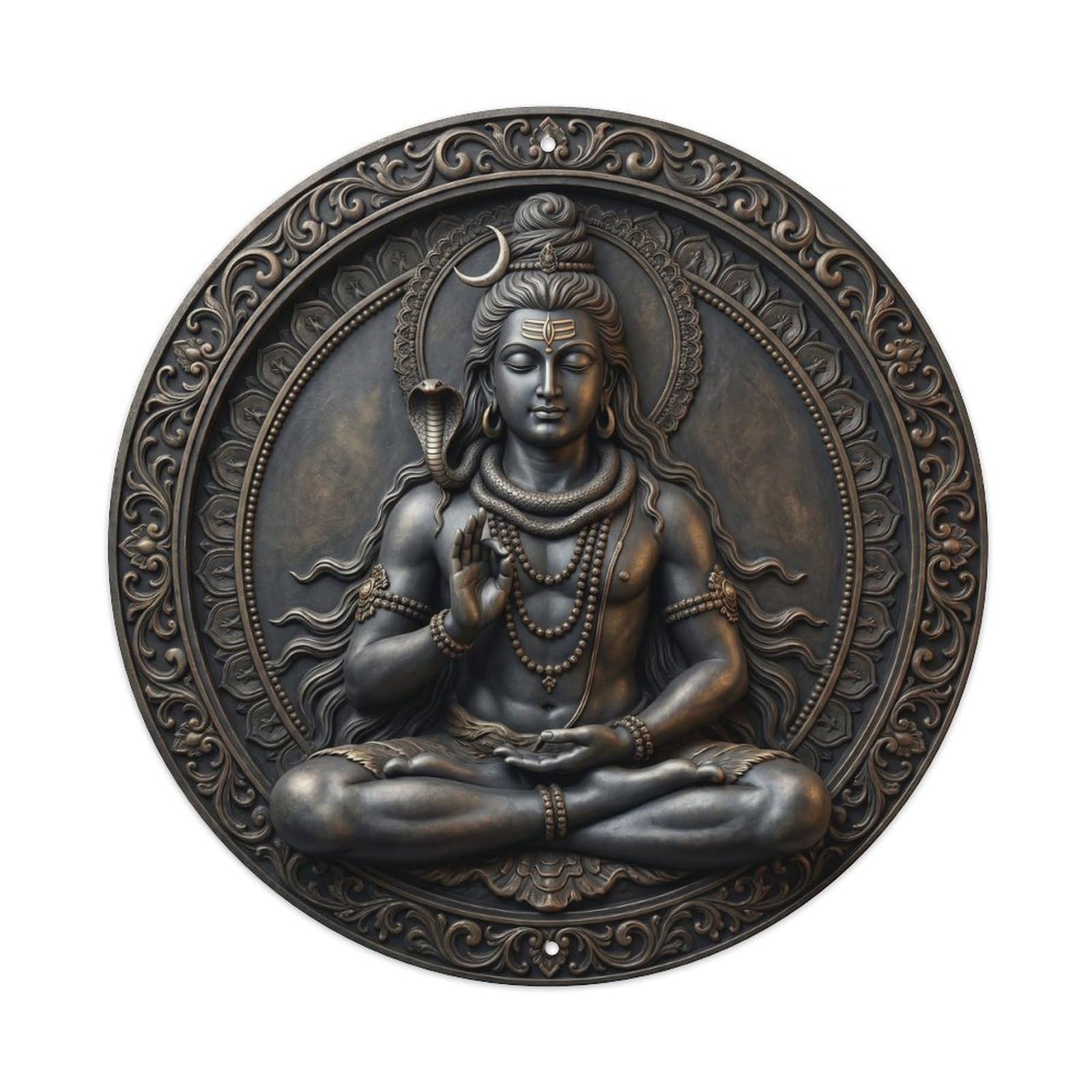 Shiva Meditation Lotus Pose Serpent Moon Relief Sculpture Metal Tin Sign