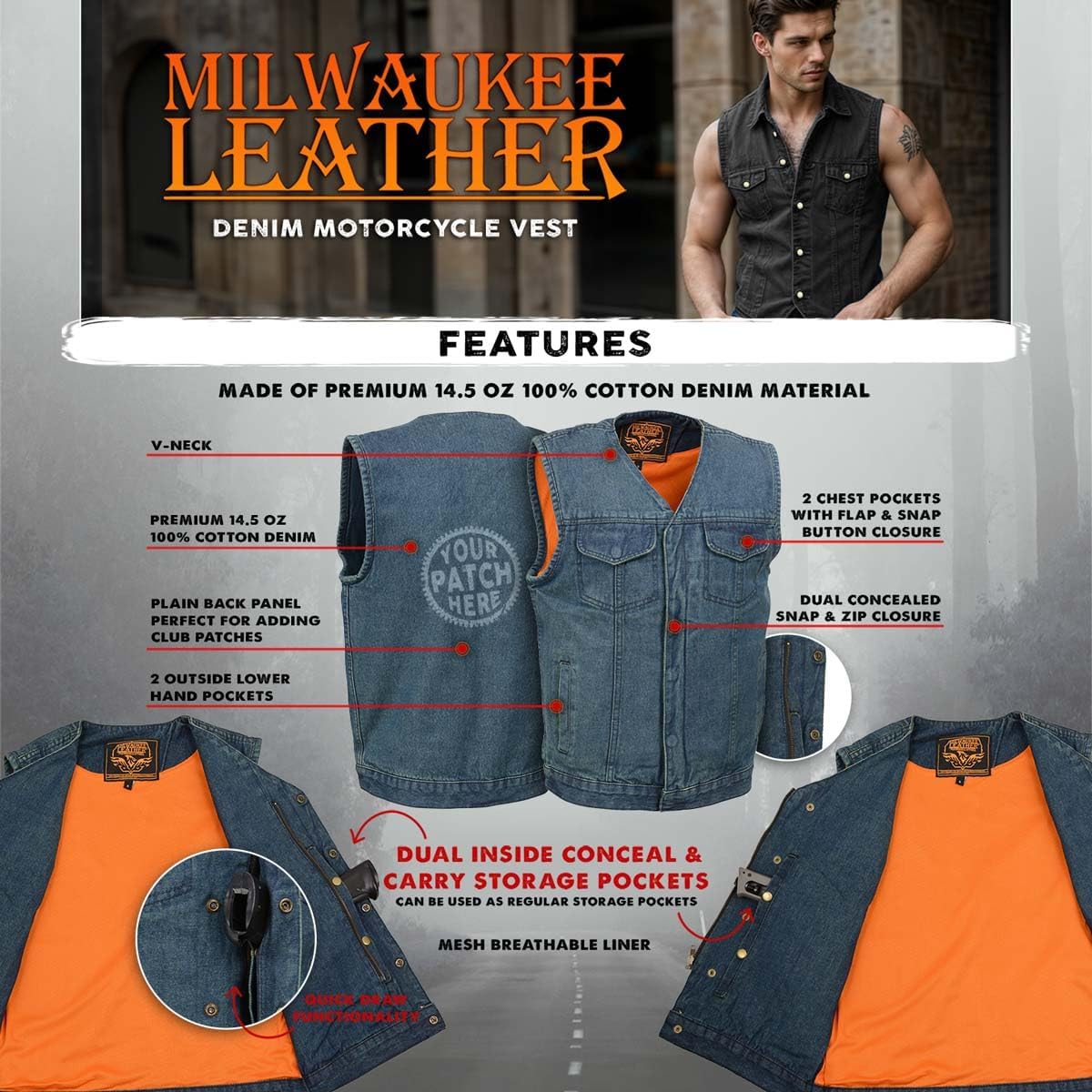 Milwaukee Leather MDM3012 Men's 'Brute' Concealed Snap Blue Denim V-Neck Club Style Vest w/Hidden Zipper