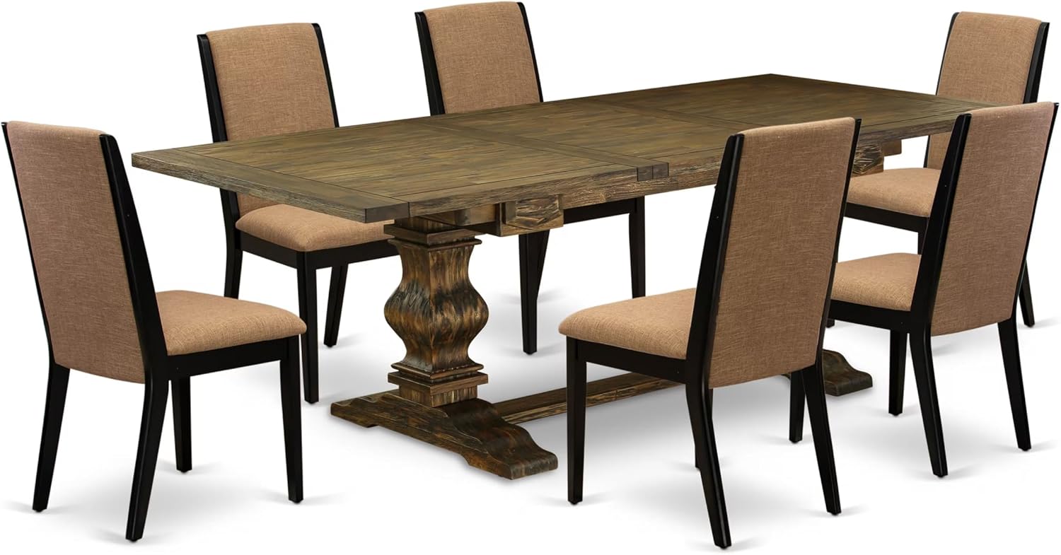 East West Furniture LALA7-71-47 7 Piece Dining Set Consist of a Rectangle Dining Room Table with Removable Leaf and 6 Light Sable Linen Fabric Upholstered Chairs, 42x92 Inch, Jacobean