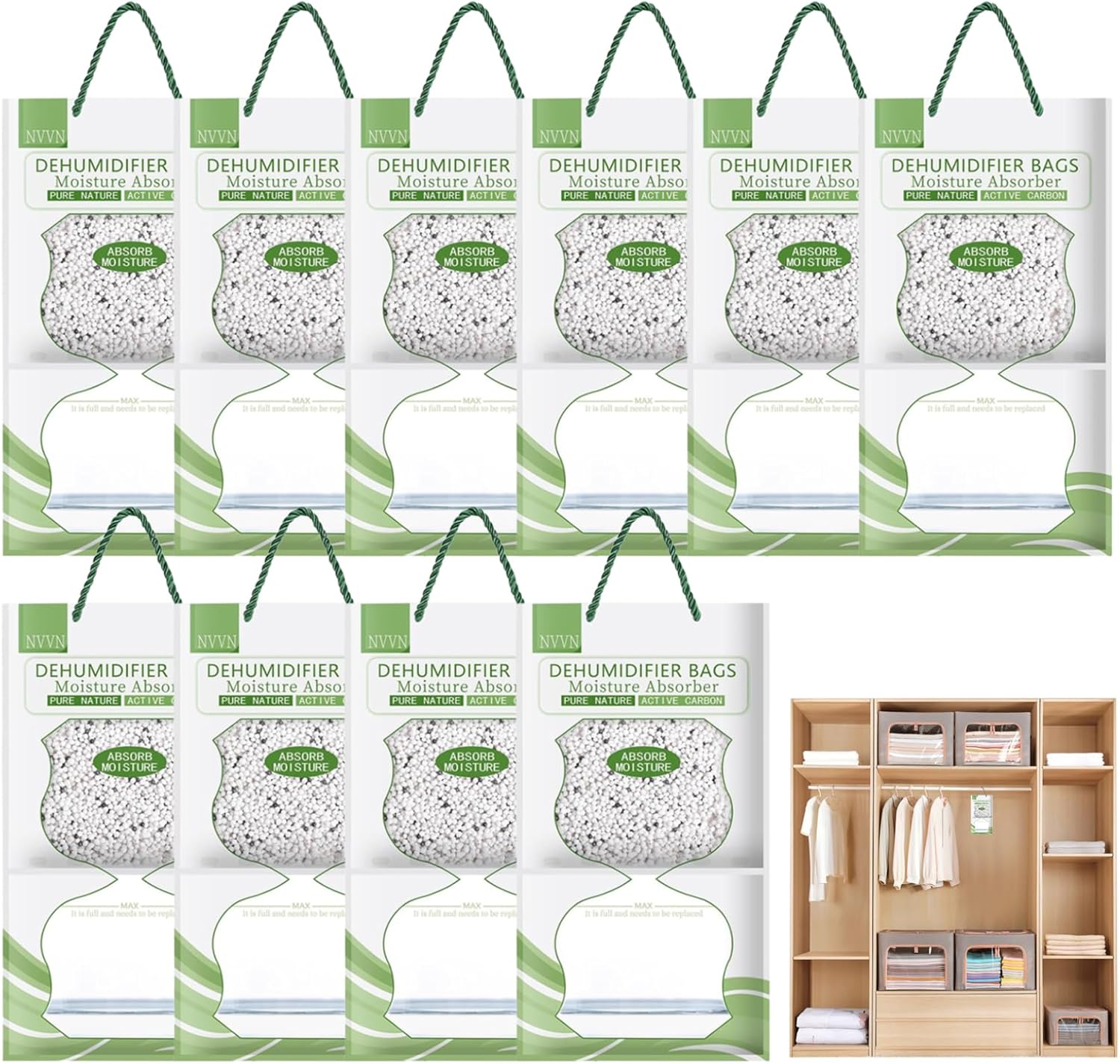 Dehumidifier Bags 10Pcs 500ML Activated Carbon Moisture Absorbers Hanging Bags for Closet 100g/Pack Humidity Absorber & Odor Removers in Wardrobes, Bedrooms