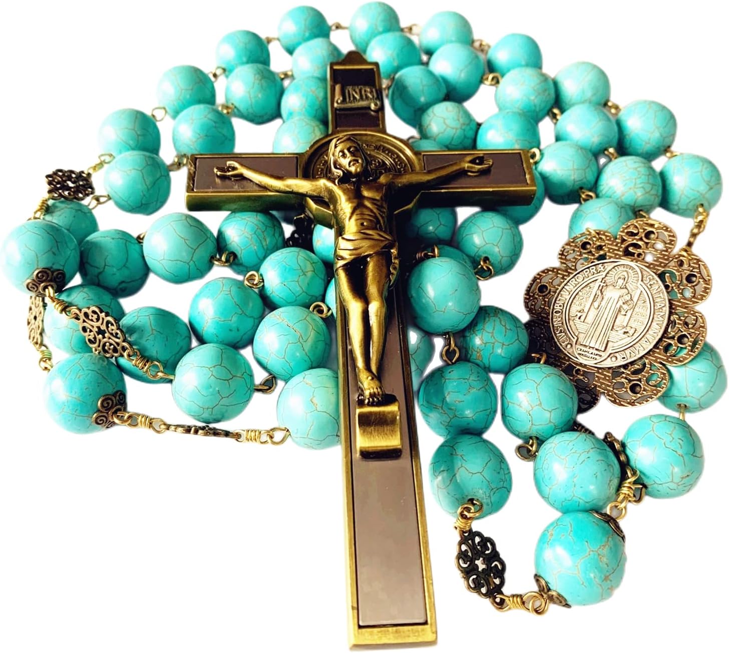 elegantmedical HANDMADE COPPER Home Wall Rosary Large 20mm blue howlite beads St.Benedict cross/crucifix box Catholic GIFTS (Blue)