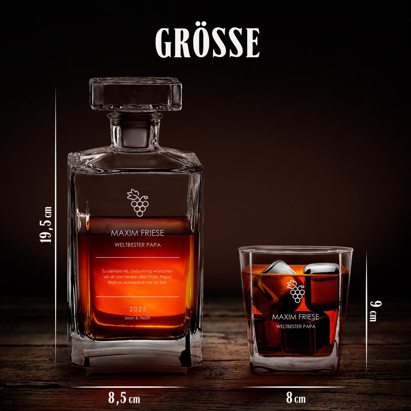 Maverton Bourbon Whiskey Karaffe + 6 Whiskygläser mit Gravur personalisiert