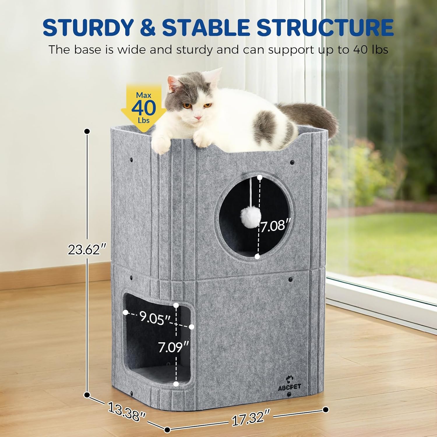 ABCPET Cat House for Indoor Cats, Cat Condo Cat Bed Cave, Felt Cats Hideaway Condo with Resistant Scratching Freedom Kitten Cube & Hanging Ball, Gray
